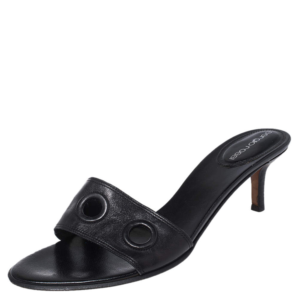 Sergio Rossi Black Leather Slide  Sandals 39