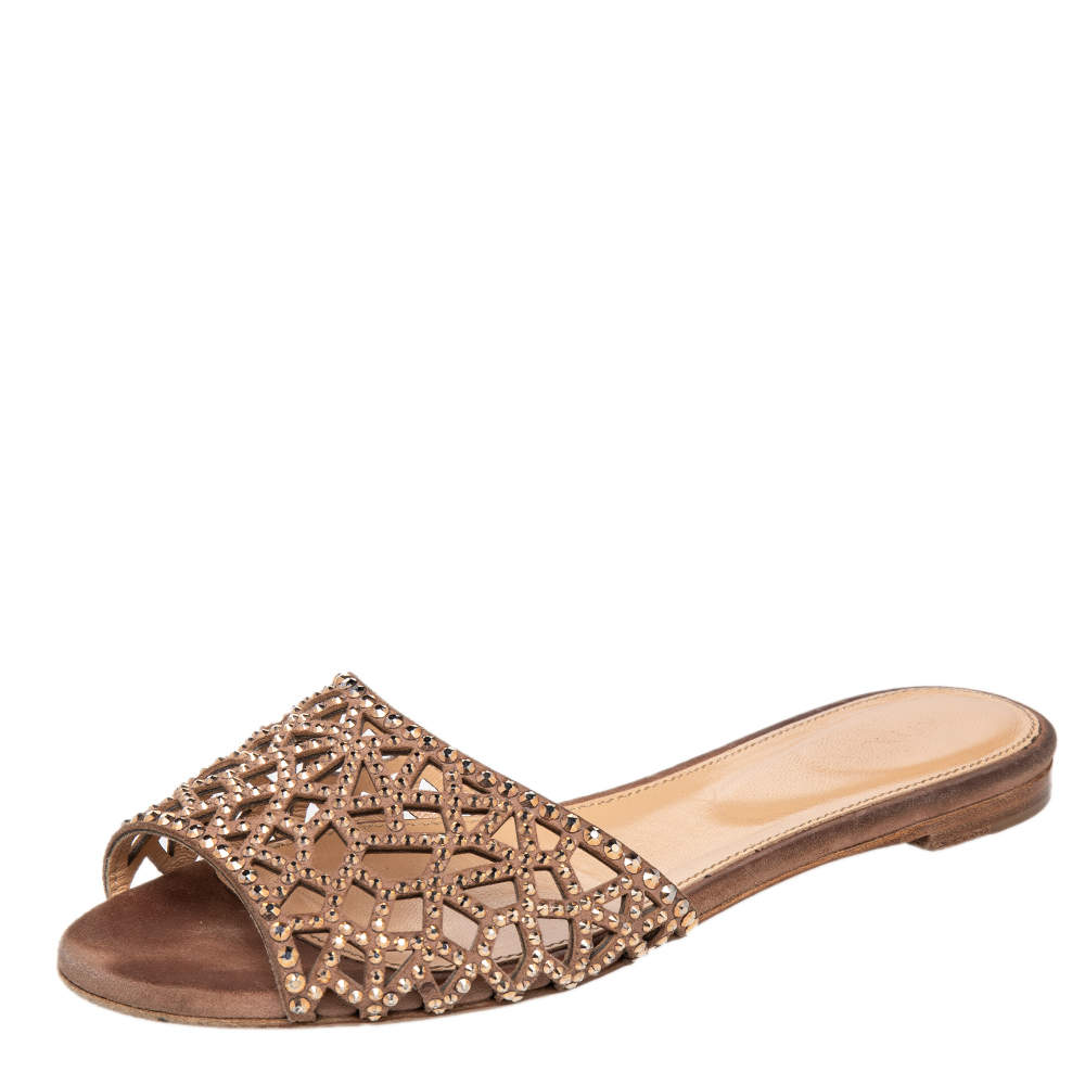 Pre Owned Sergio Rossi Brown Suede Embellished Flat Slides Size 36 