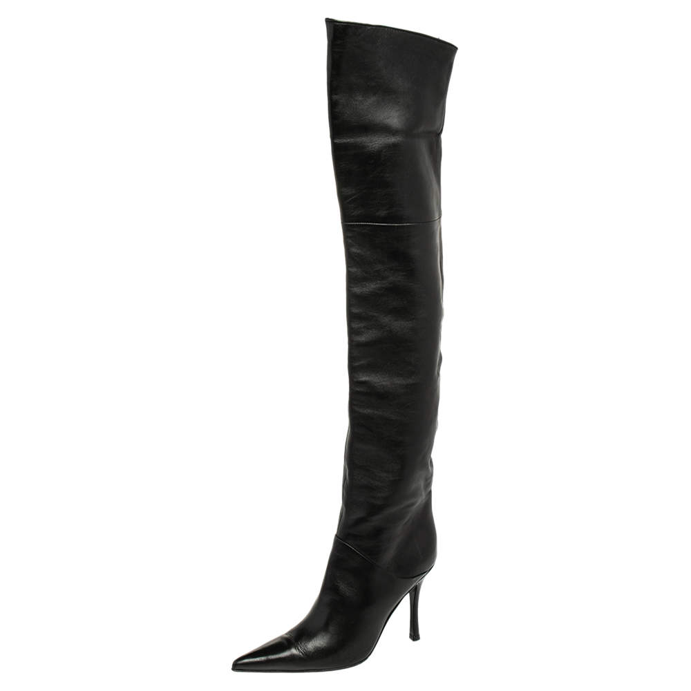 Sergio Rossi Black Leather Pointed Toe Thigh High Boots Size 37