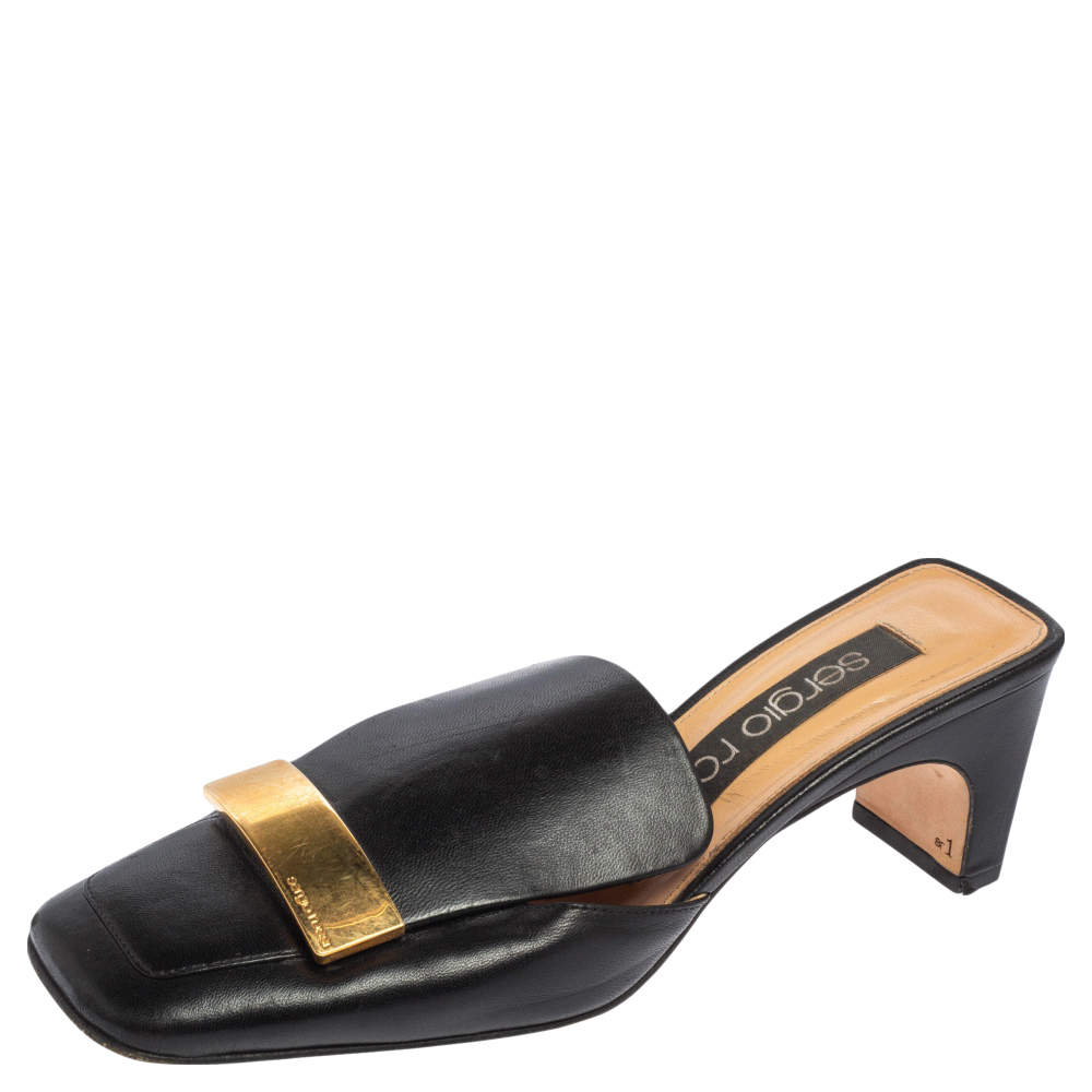 مملوكة مسبقًا Sergio Rossi Black Leather SR1 Block Heel Mules Size 36