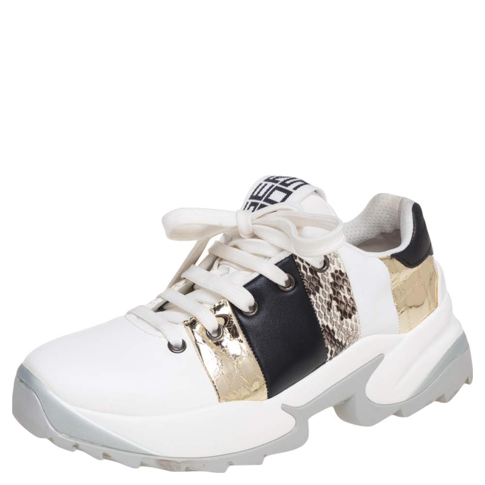 Pre Owned Sergio Rossi Tri Color Leather And Snakeskin Leather Low Top Sneakers Size 36