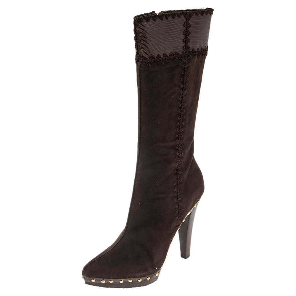 Pre Owned Sergio Rossi Brown Suede And Lizard Embossed Leather Knee Length Boots Size 41