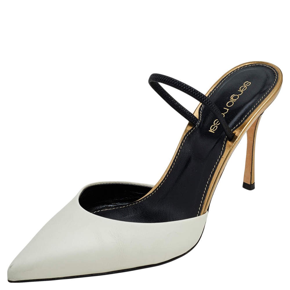 مملوكة مسبقًا صندل سيرجيو روسي جلد أبيض مقدمة مدببة فتحة كعب مقاس 37.5