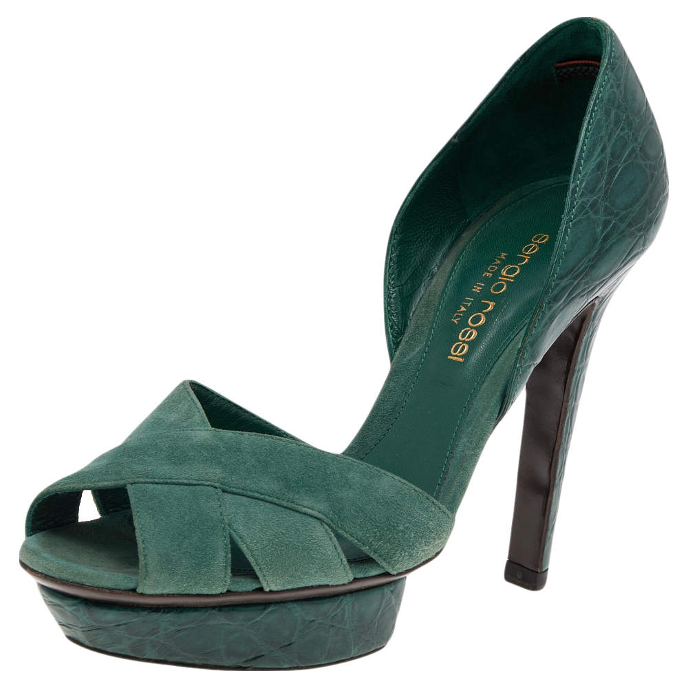مملوكة مسبقًا حذاء كعب عالي سيرجيو روسي جلد نقشة التمساح وسويدي أخضر نعل سميك مقاس 35