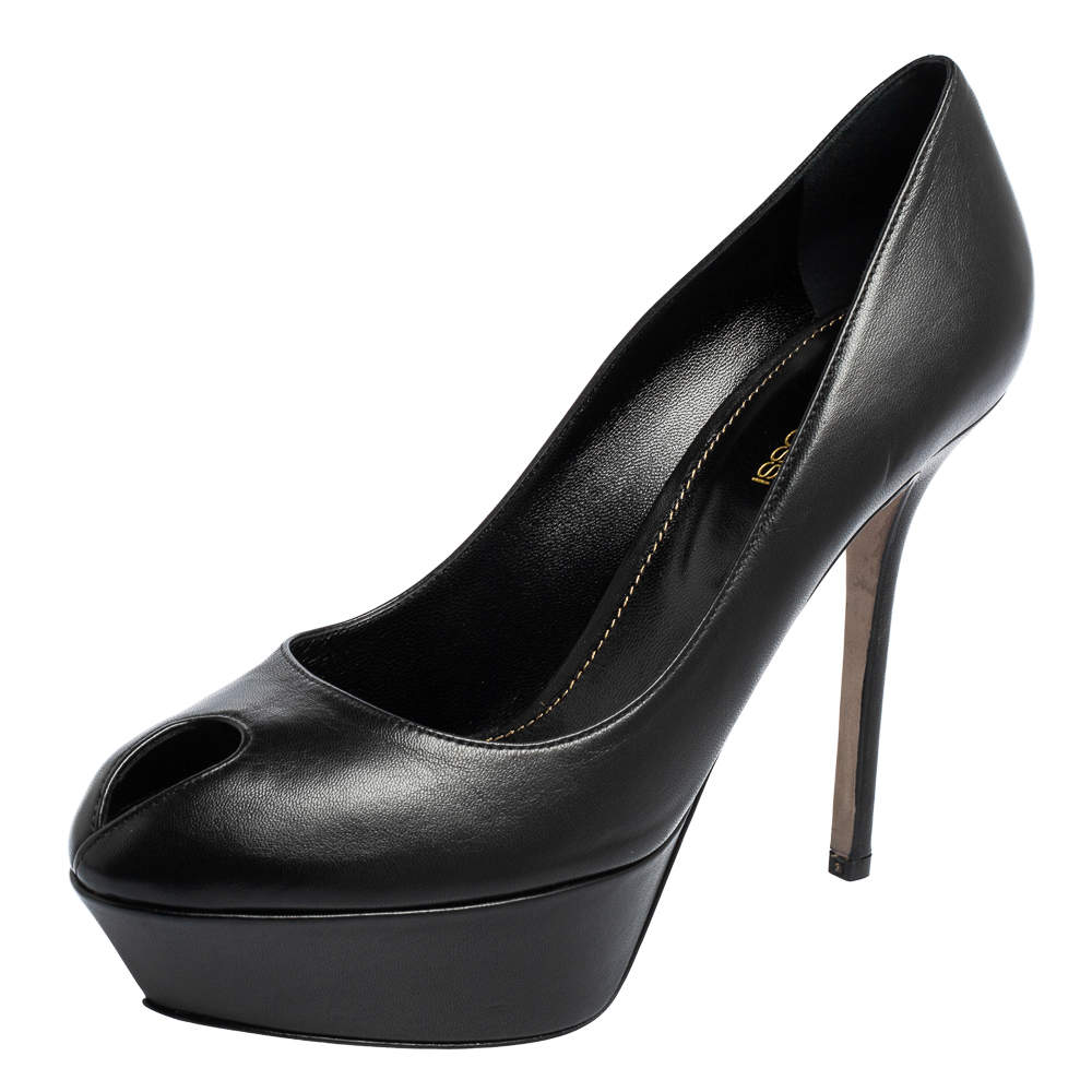 Pre Owned Sergio Rossi Black Leather Peep Toe Platform Pump Size 39