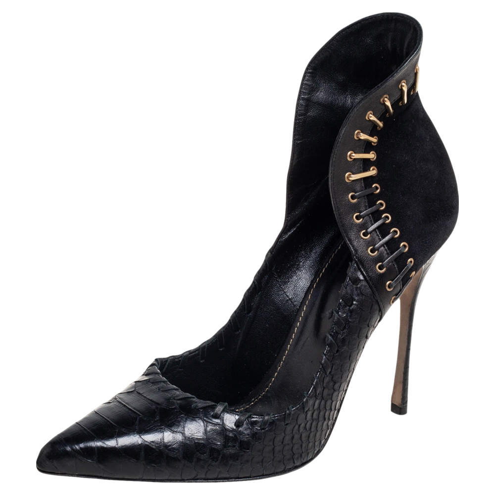 Pre Owned حذاء كعب عالي سيرجيو روسي جلد ثعبان سويدي أسود مقدمة مدببة مقاس 39