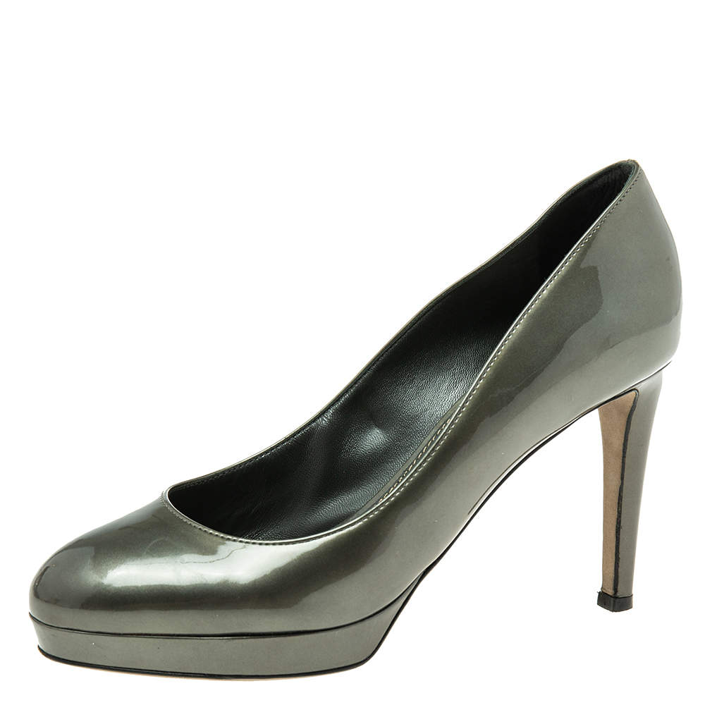 Sergio Rossi Hunter Green Patent Leather Round-Toe Platform Pumps Size 37.5