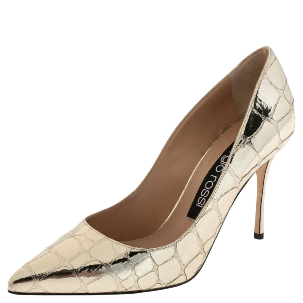 Pre Owned Sergio Rossi Gold Croc Embossed Leather Pointed Toe Pumps Size 39