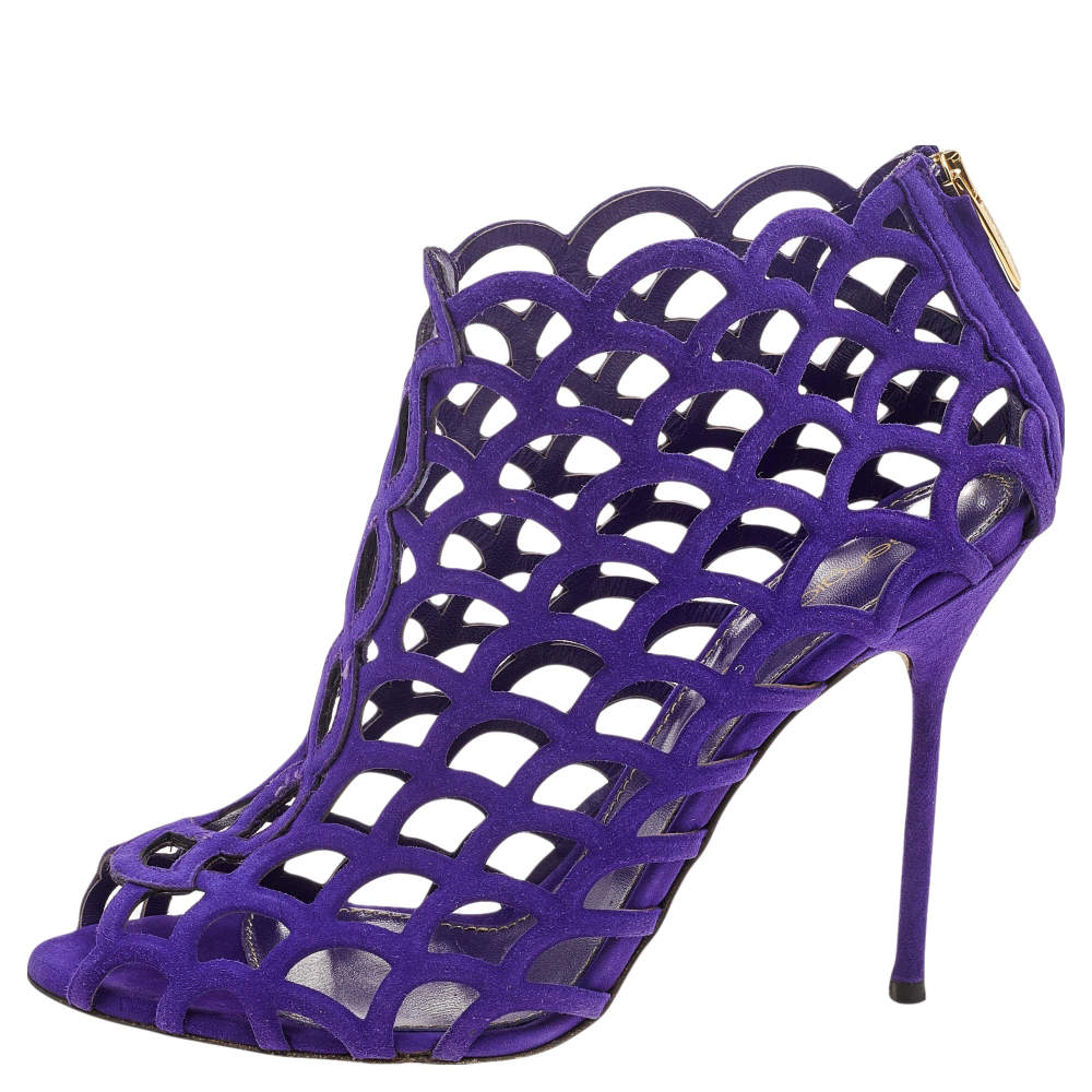 Sergio Rossi Purple Suede Scalloped Peep Toe Caged Booties