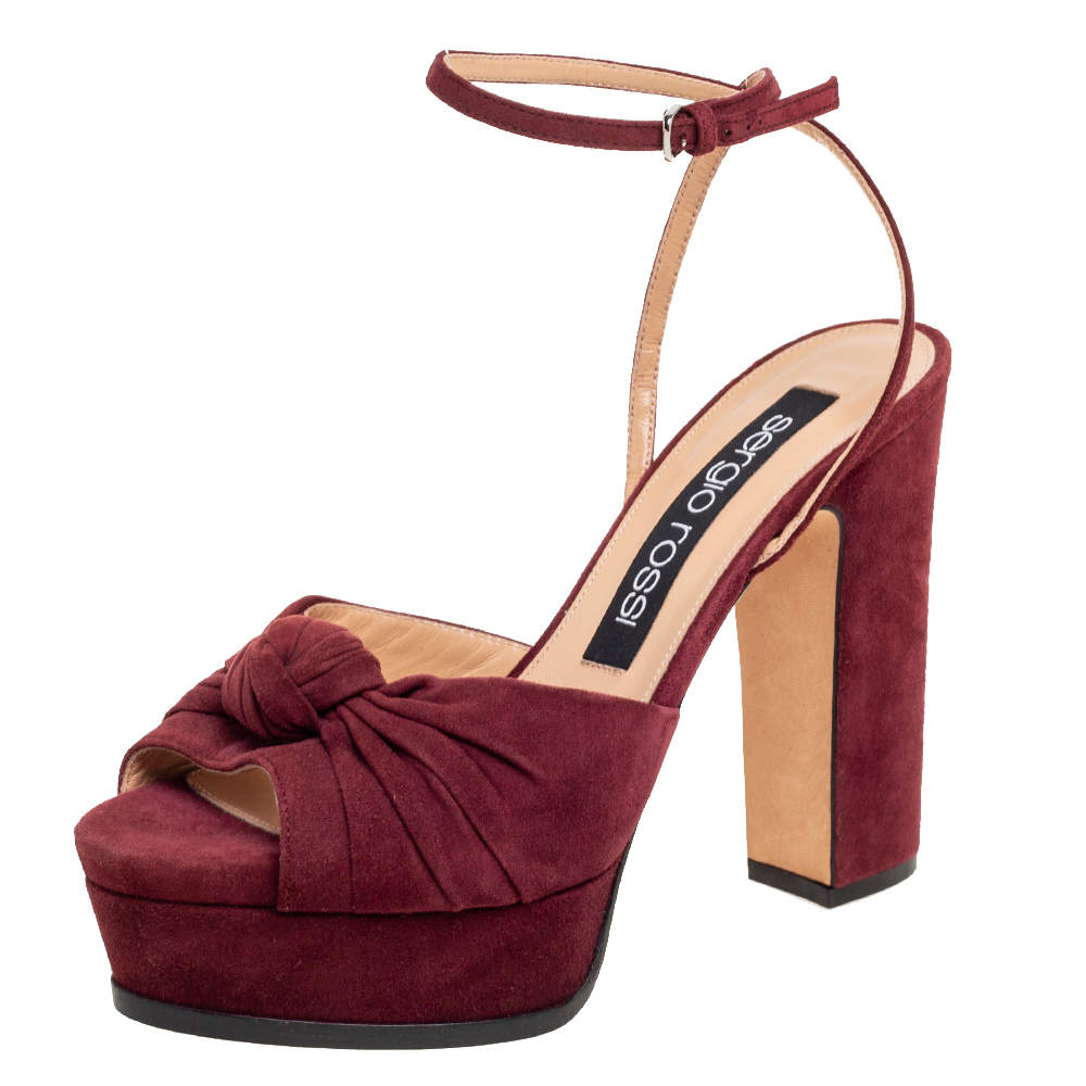 Pre Owned Sergio Rossi Burgundy Suede Kaia Knot Ankle-Strap Platform Sandals Size 38.5