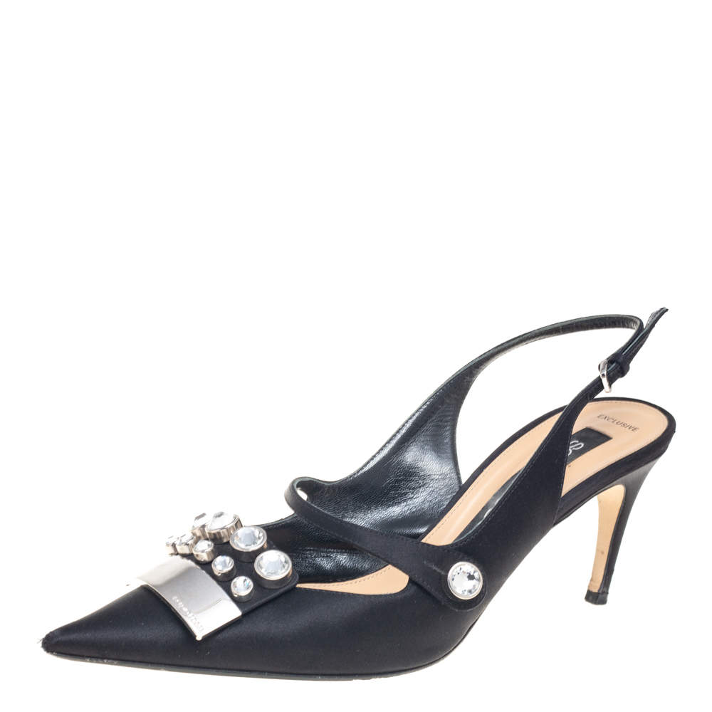 Pre Owned Sergio Rossi Black Satin Crystal Embellished Slingback Pumps Size 41