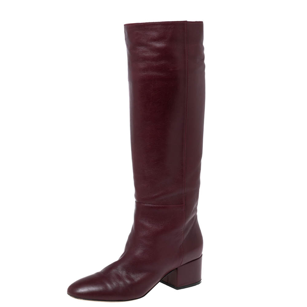 Pre Owned Sergio Rossi Burgundy Leather Knee Length Boots Size 37