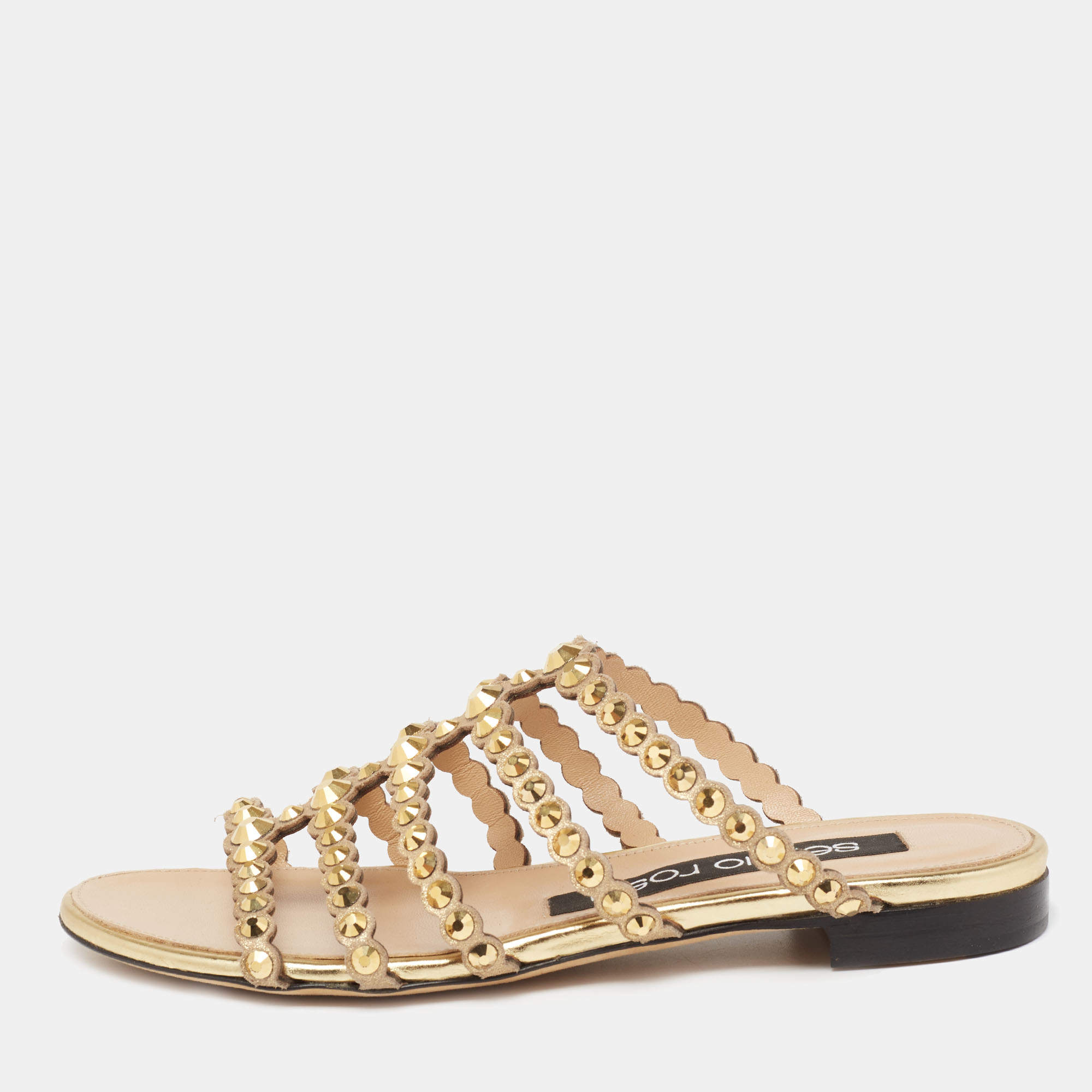 Pre Owned Sergio Rossi Gold Crystal Studded Leather Flat Slides Size 36