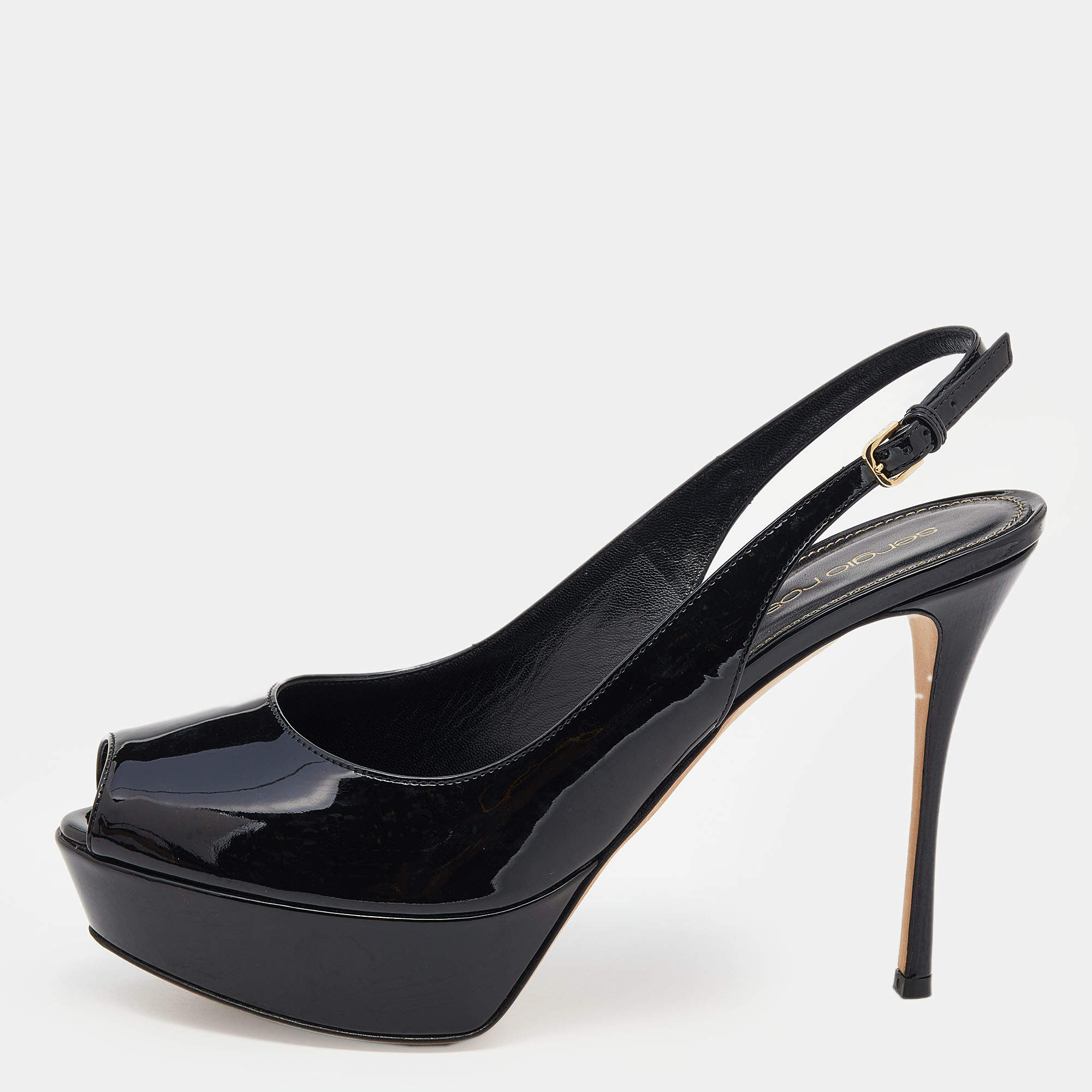 Pre Owned Sergio Rossi Black Patent Leather Peep Toe Platform Ankle Strap Sandals Size 38.5