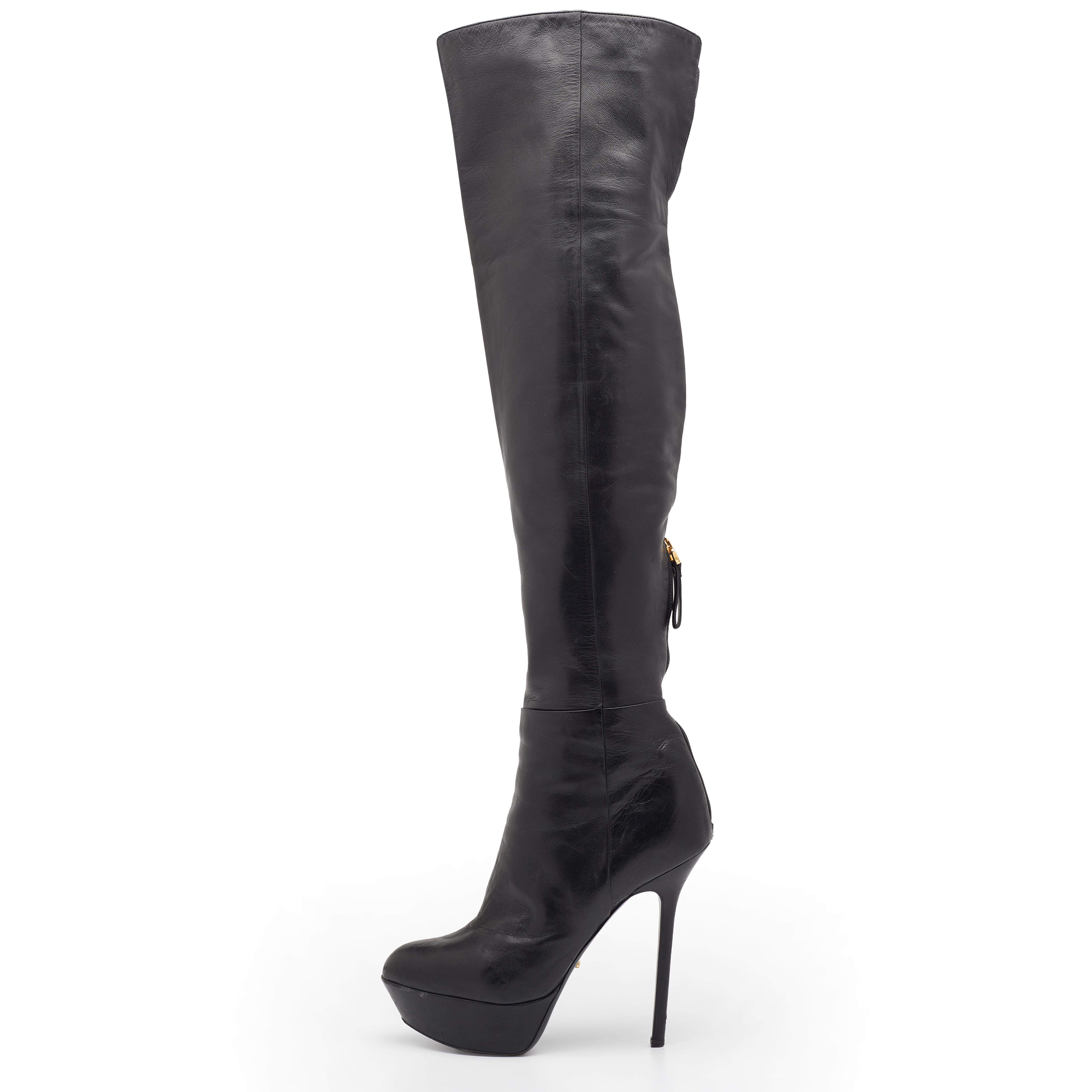 Pre Owned Sergio Rossi Black Leather Over The Knee Boots Size 38