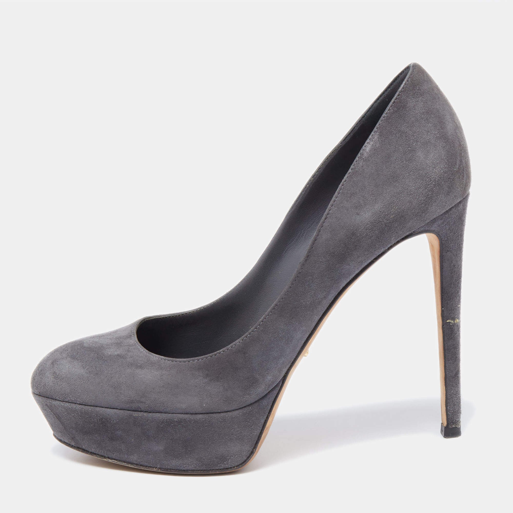 Sergio Rossi Grey Suede Leather Round Toe Platform Pumps Size 37.5 