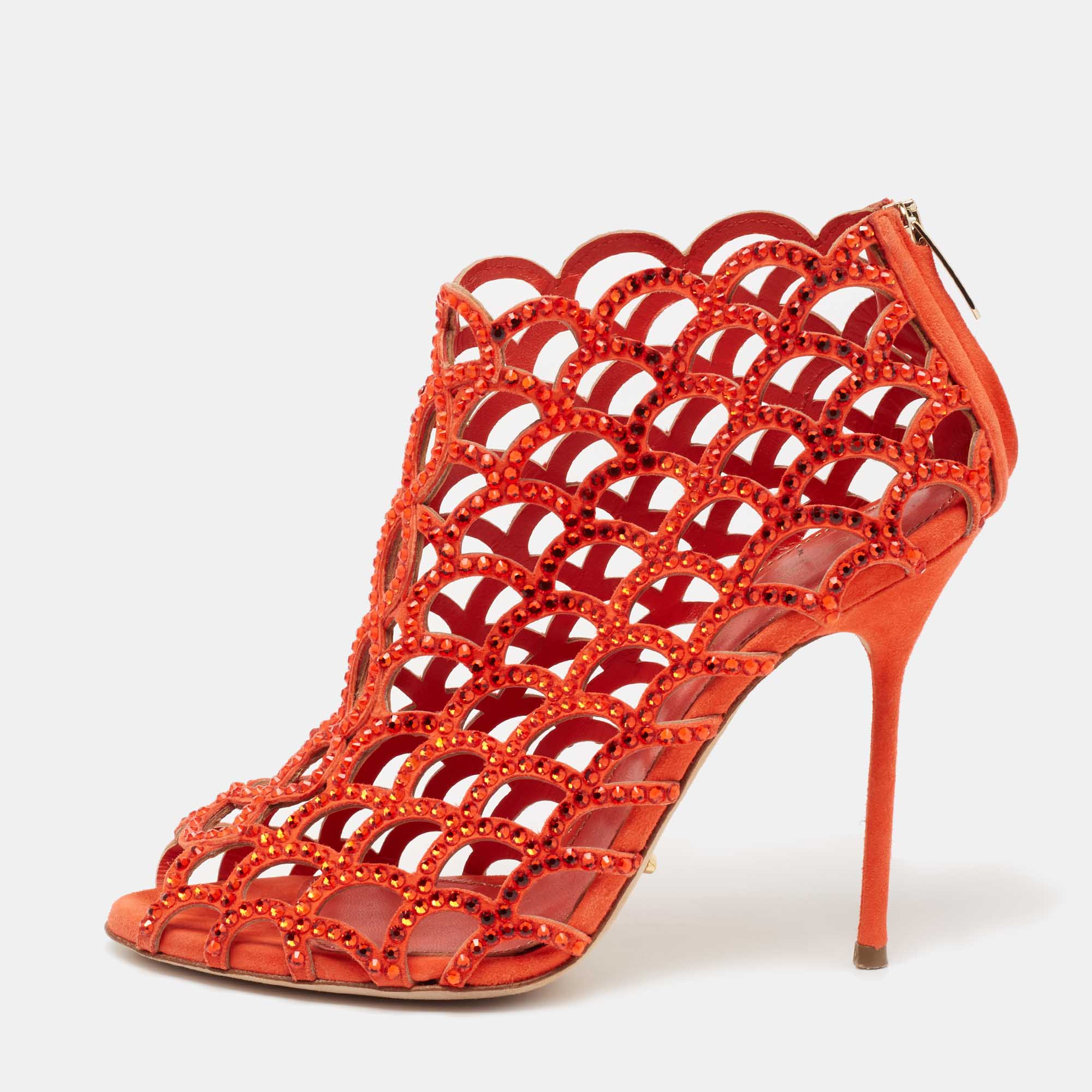 Pre Owned Sergio Rossi Orange Crystal Embellished Suede Cut Out Peep Toe Ankle Booties Size 37