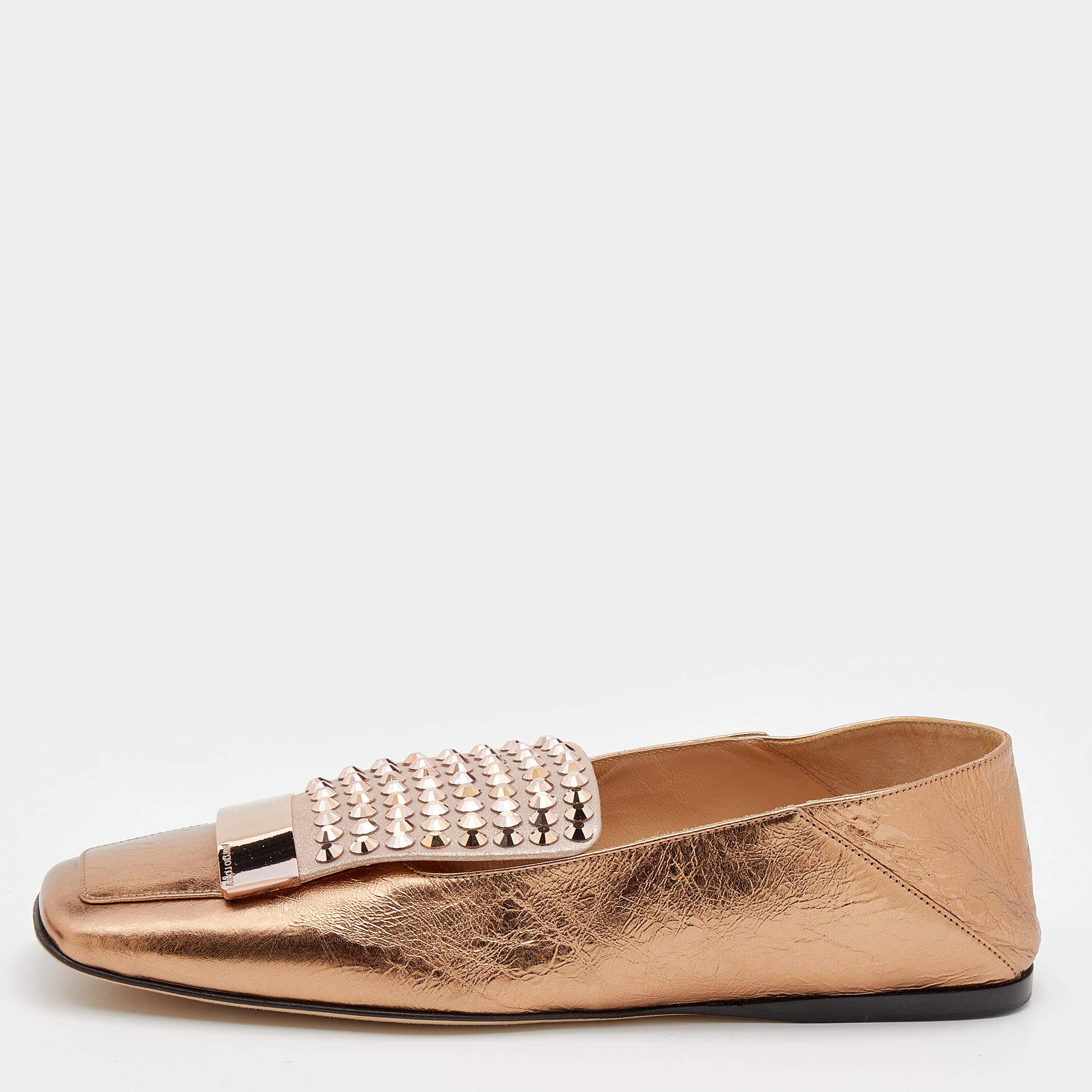 Pre Owned Sergio Rossi Metallic Copper Leather Crystal Embellished Loafers Size 37.5