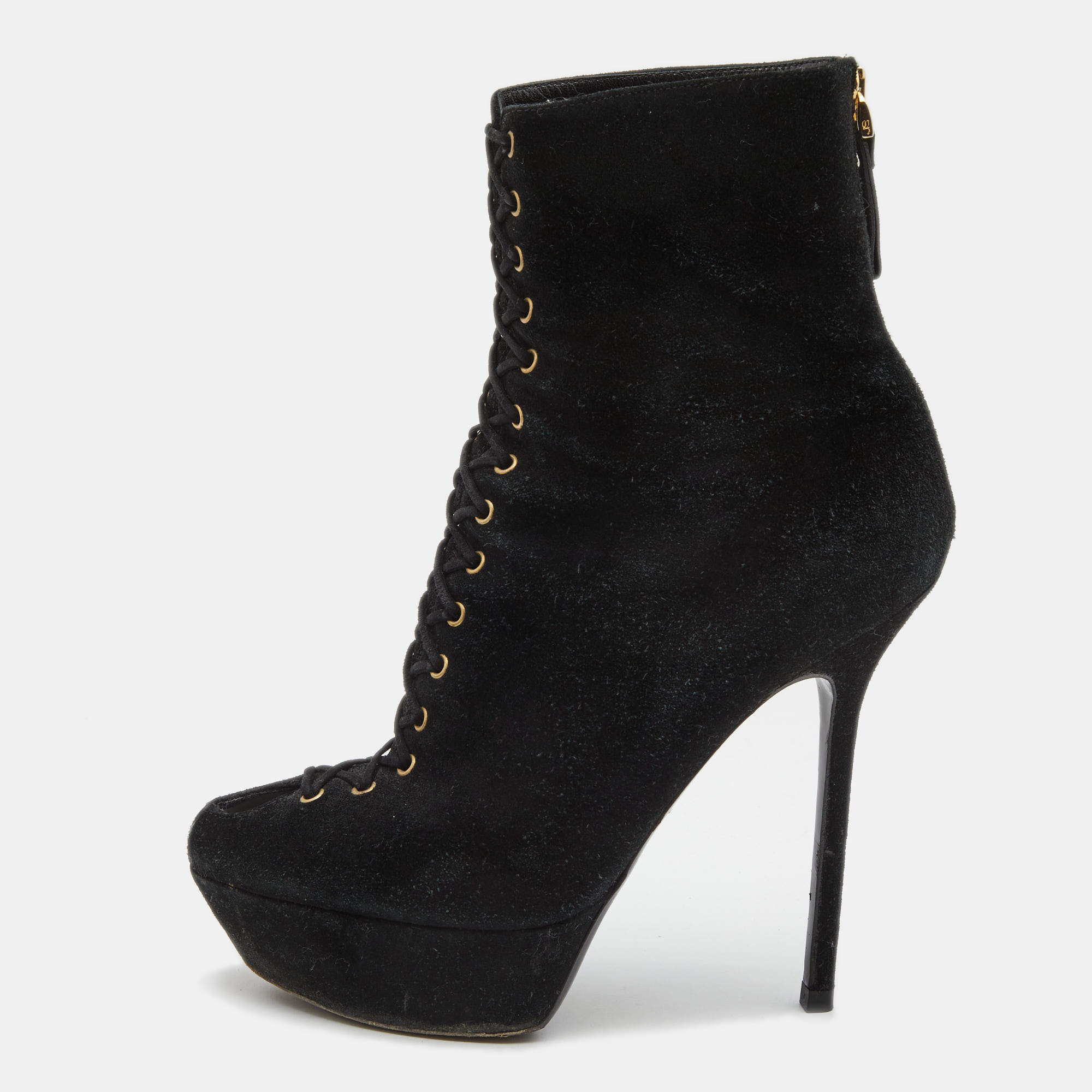 Sergio Rossi Black Suede Lace Up Platform Ankle Boots Size 39