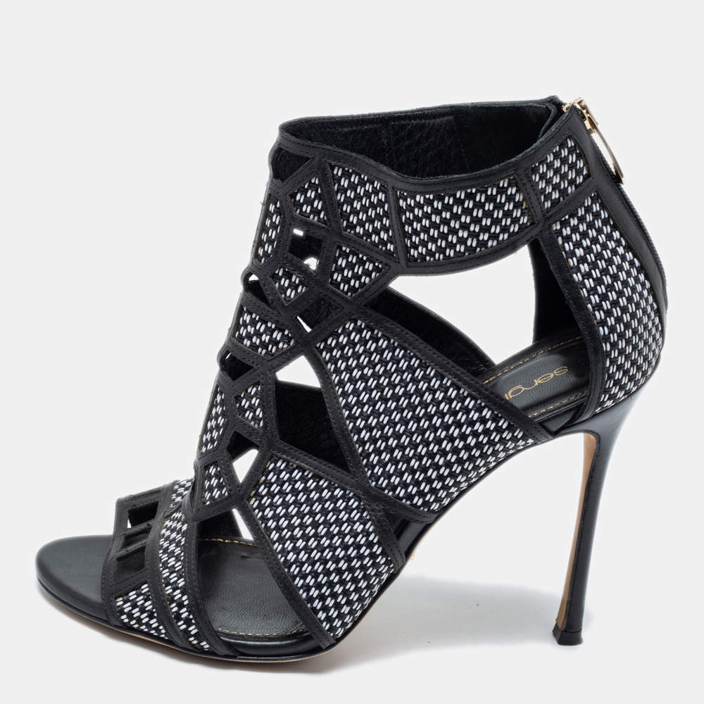 Sergio Rossi Black/White  Woven Straw And Leather Cutout Ankle Boots Size 36