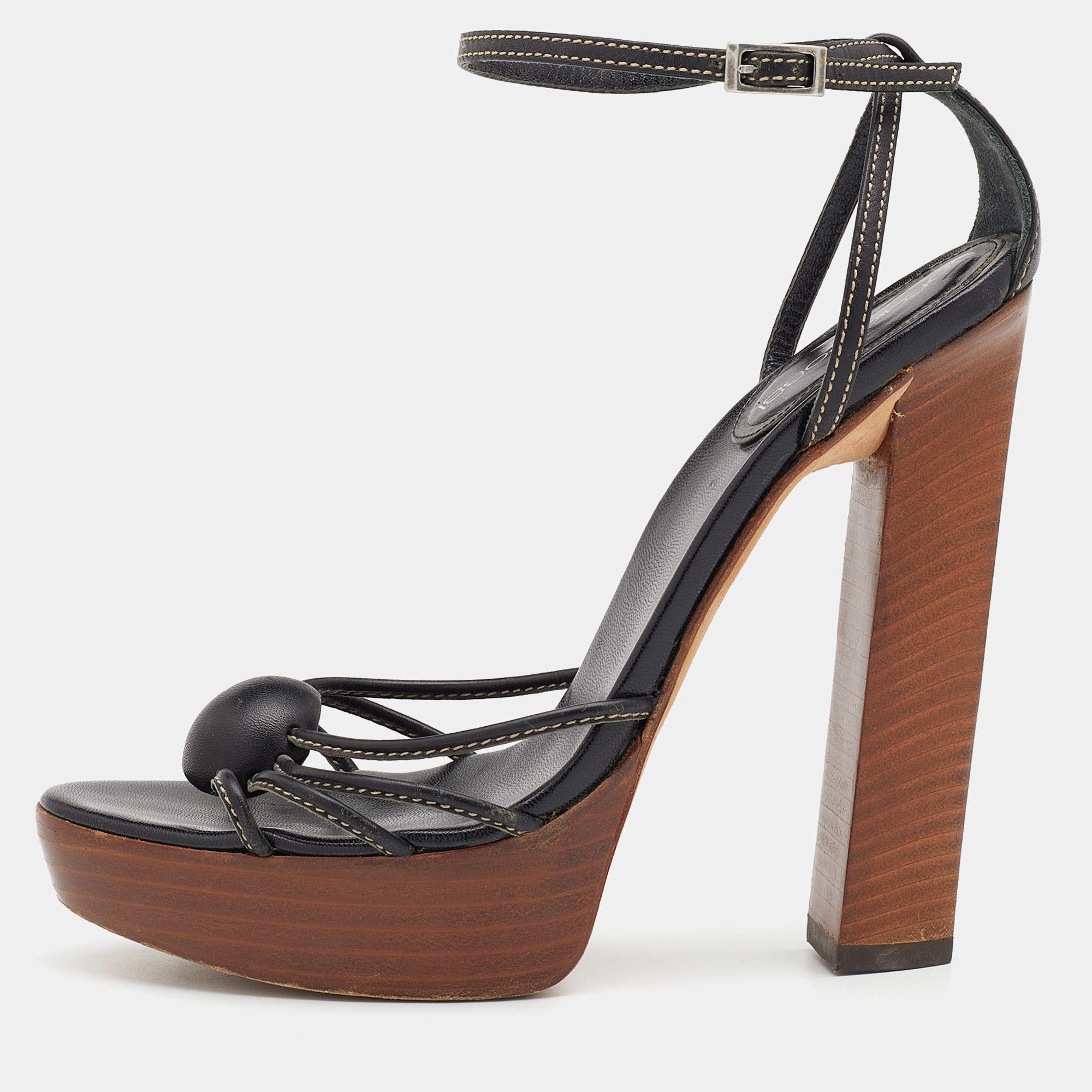 Sergio Rossi Black Leather Ankle Strap Platform Sandals Size 35.5 ...