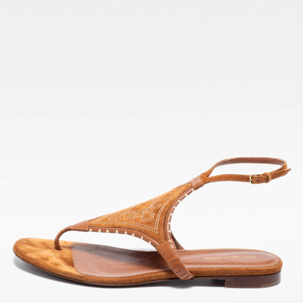 Pre Owned Sergio Rossi Brown Leather And Suede Ankle Strap Flats Size 40