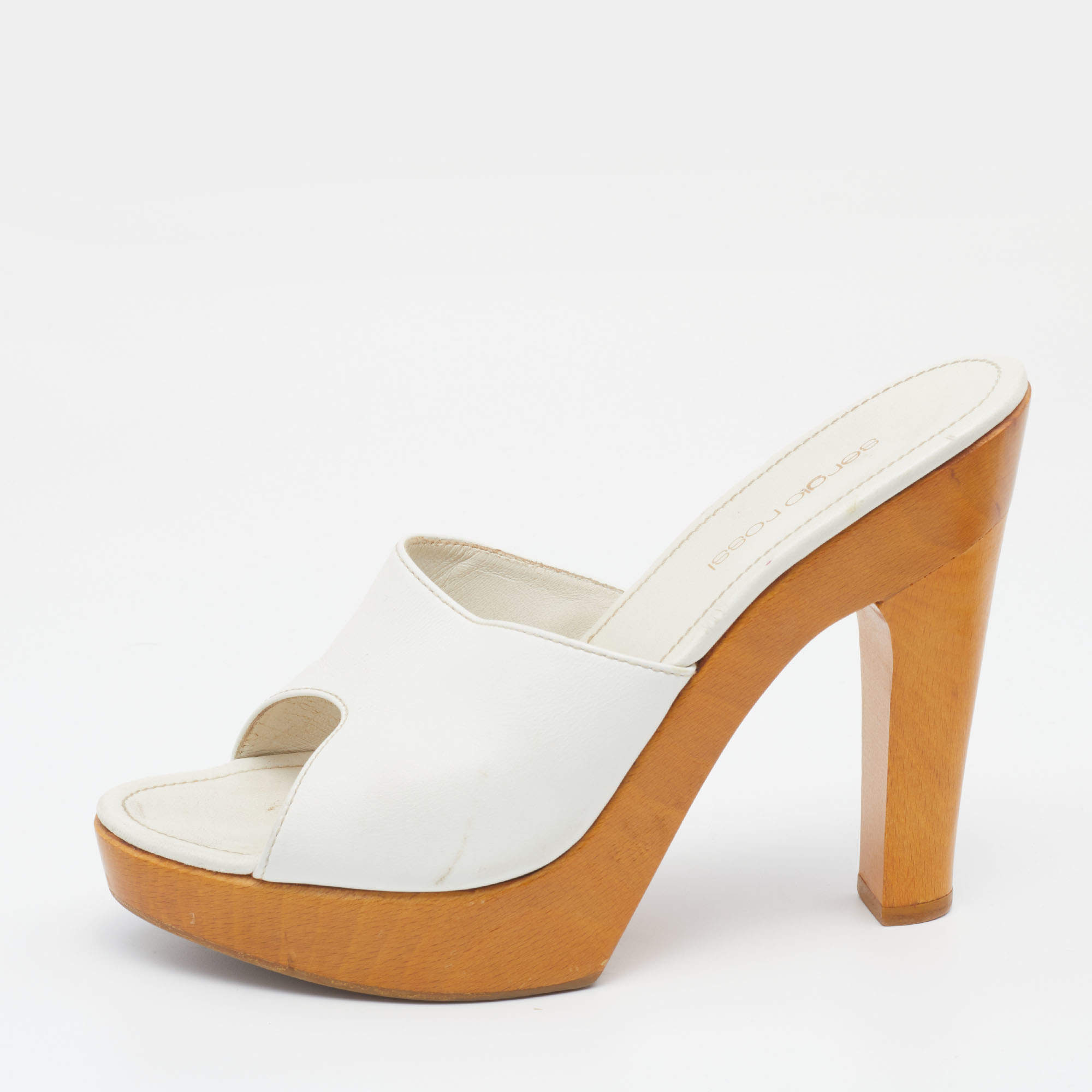 Sergio Rossi White Leather Wooden Platform Heel Sandals Size 38.5