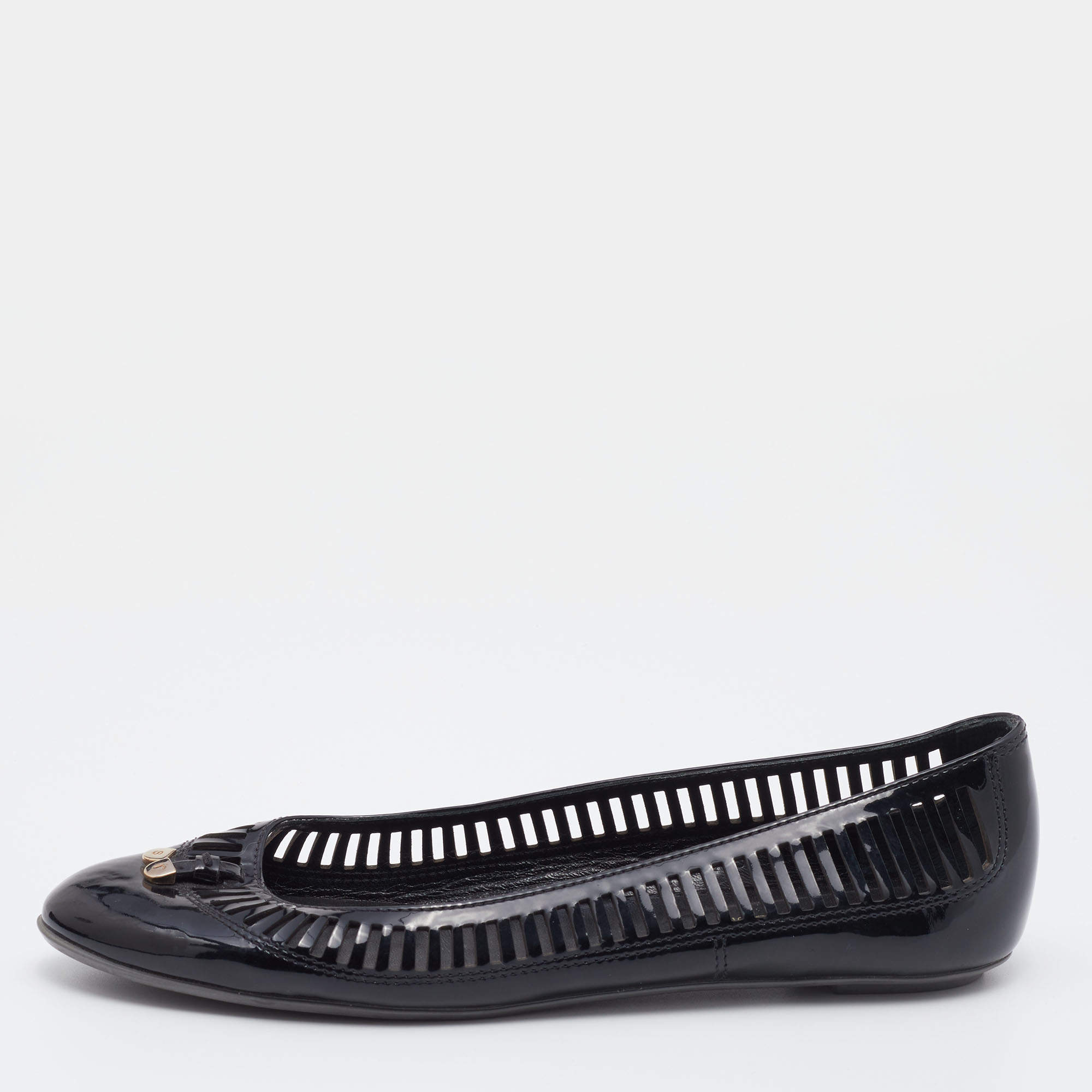 Pre Owned Sergio Rossi Black Laser Cut Patent Leather Ballet Flats Size 37.5