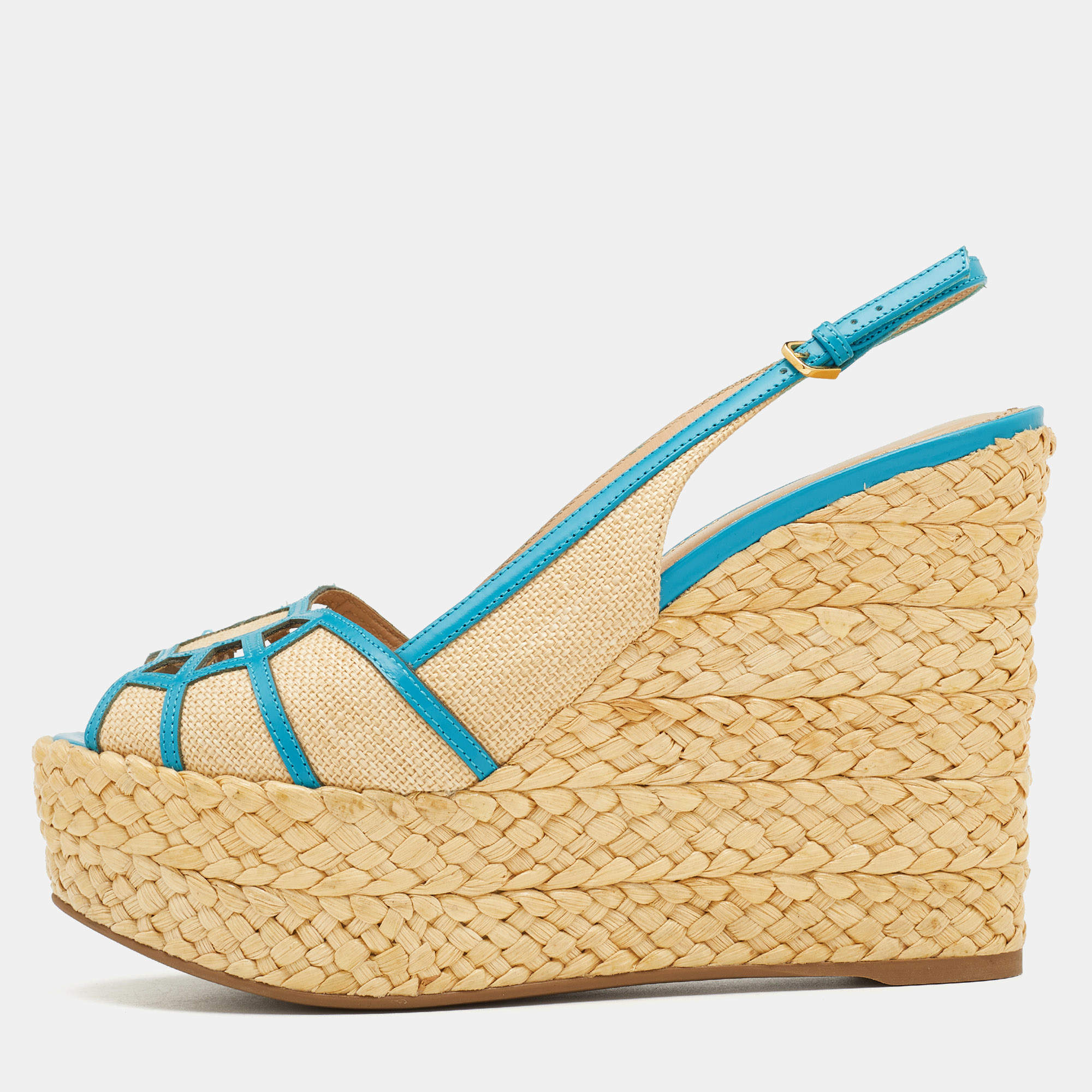 Pre Owned صندل سيرجيو روسي جلد وقش أزرق/بيج كعب روكي فتحة كعب مقاس 37