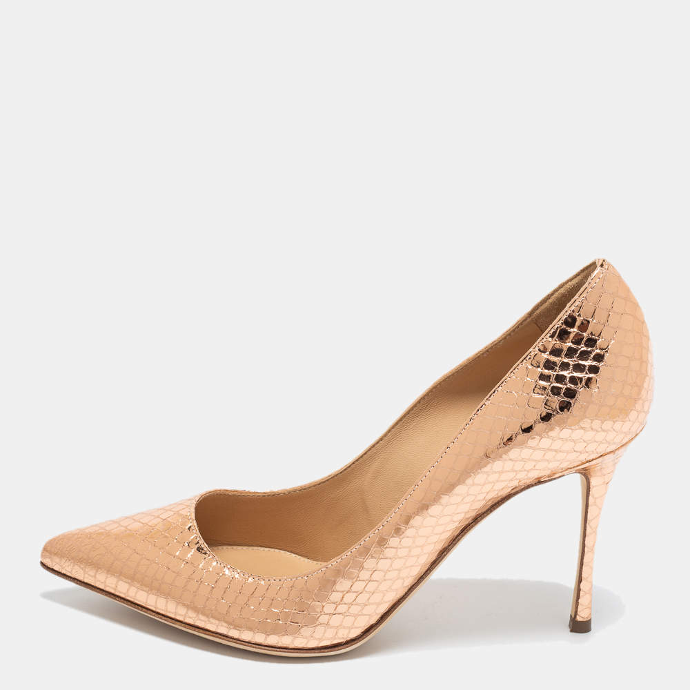 Pre Owned Sergio Rossi Rose Gold Python Embossed Leather Pointed Toe Pumps Size 36.5