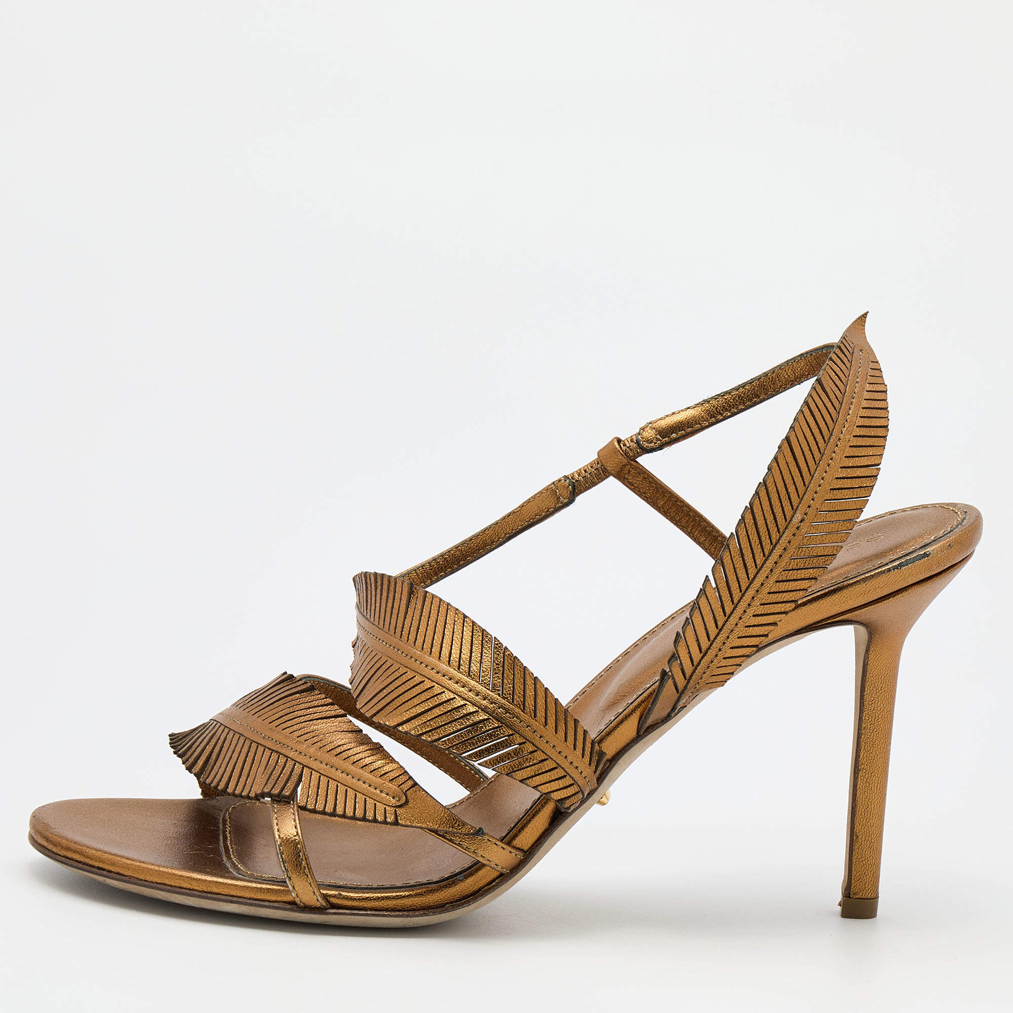 Pre Owned Sergio Rossi Gold Leather Open Toe Slingback Sandals Size 38.5