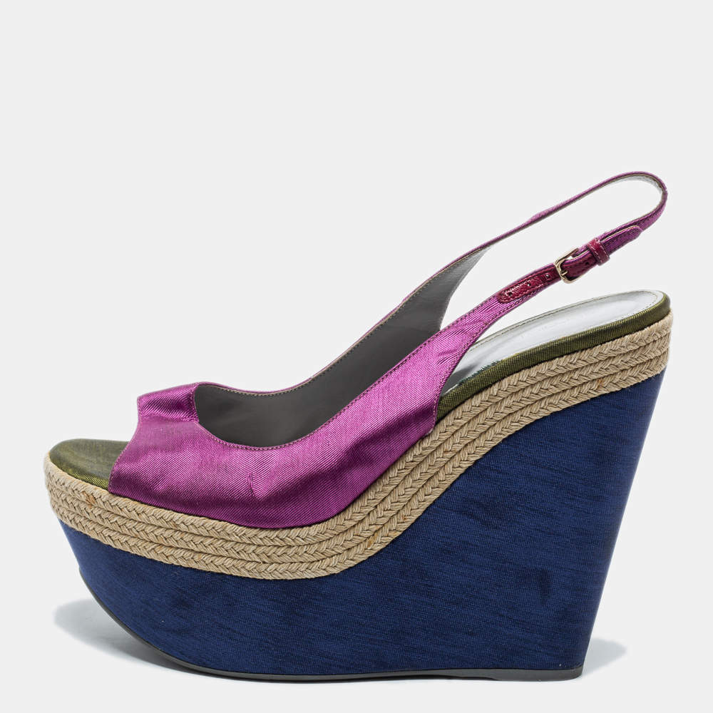 Sergio Rossi Purple Fabric Open Toe Wedge Platform Slingback Sandals Size 41