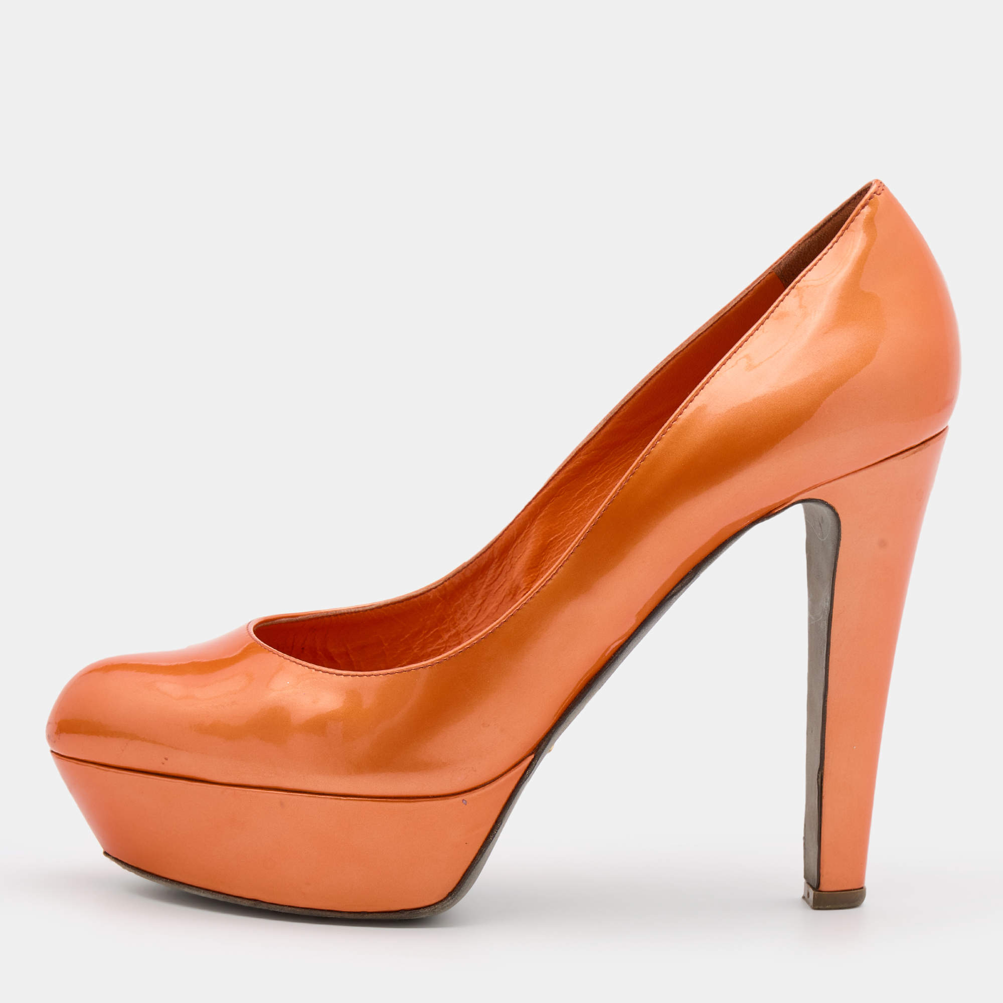 Pre Owned Sergio Rossi Orange Patent Leather Platform Pumps Size 41
