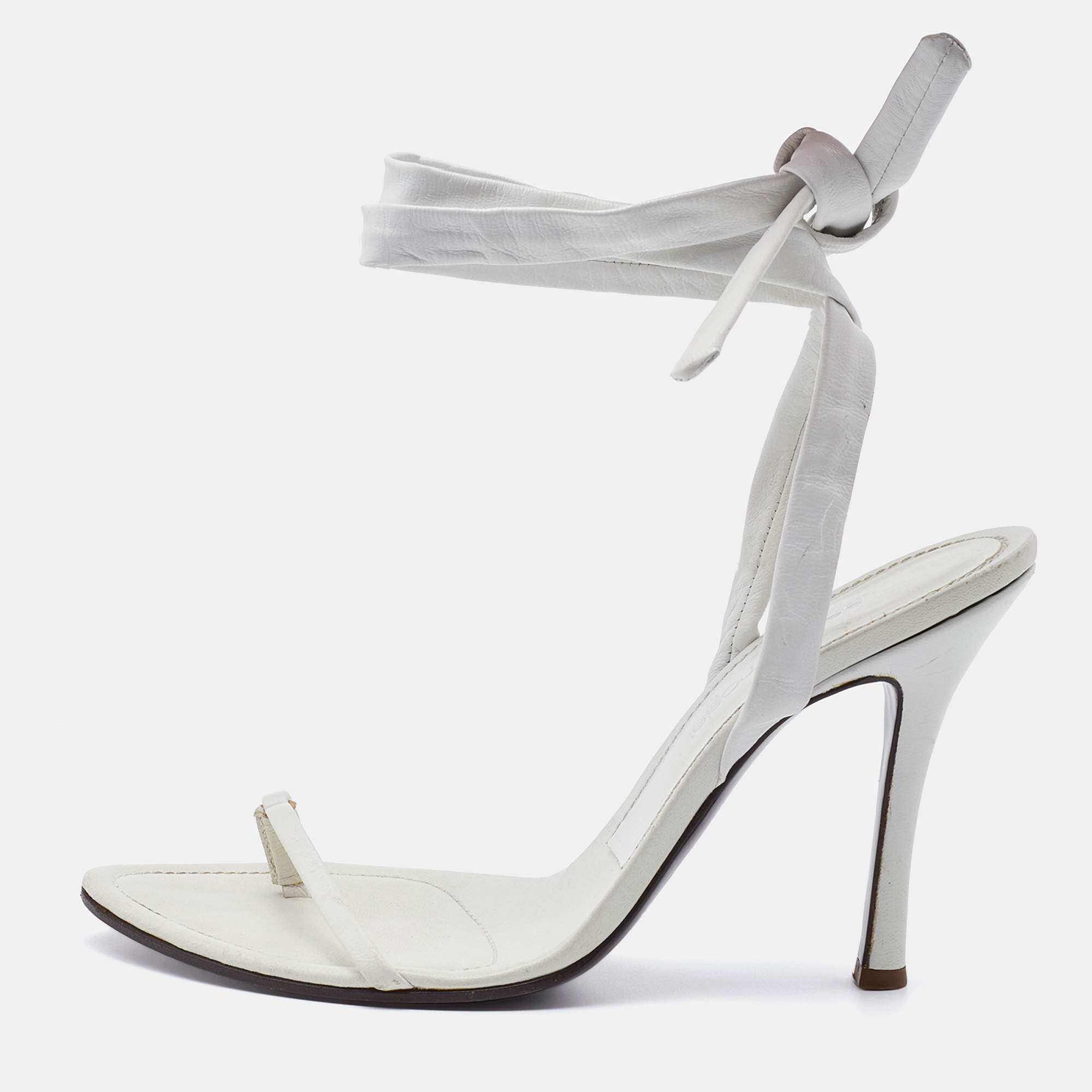 Sergio Rossi White Leather Ankle Wrap Sandals Size 38