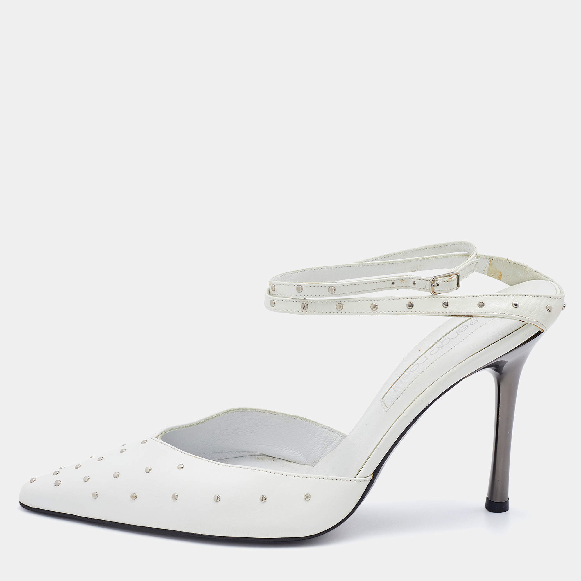 مملوكة مسبقًا Sergio Rossi White Leather Studded Ankle Strap Pumps Size 38