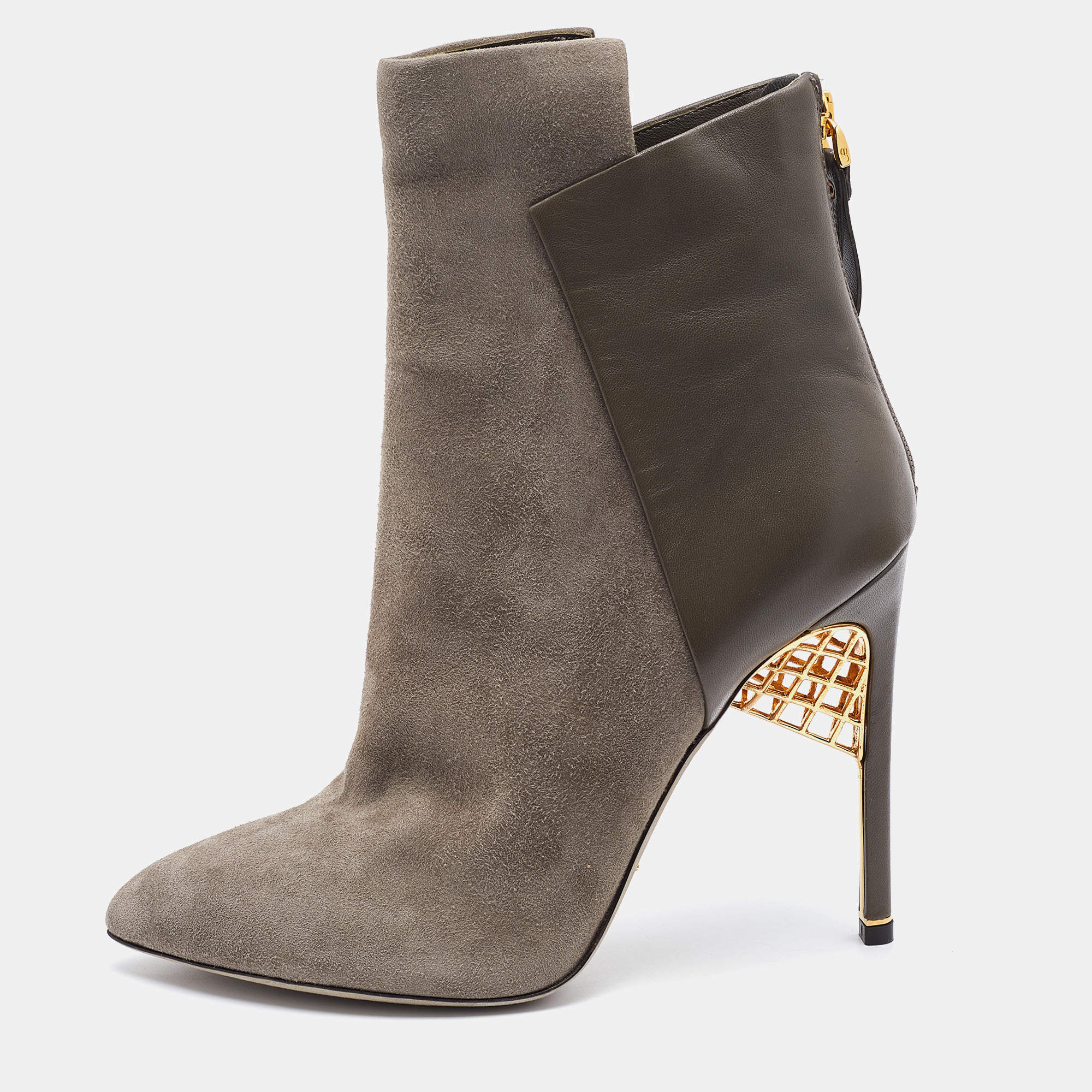 Pre Owned Sergio Rossi Grey Suede and Leather Ankle Length Boots Size 38