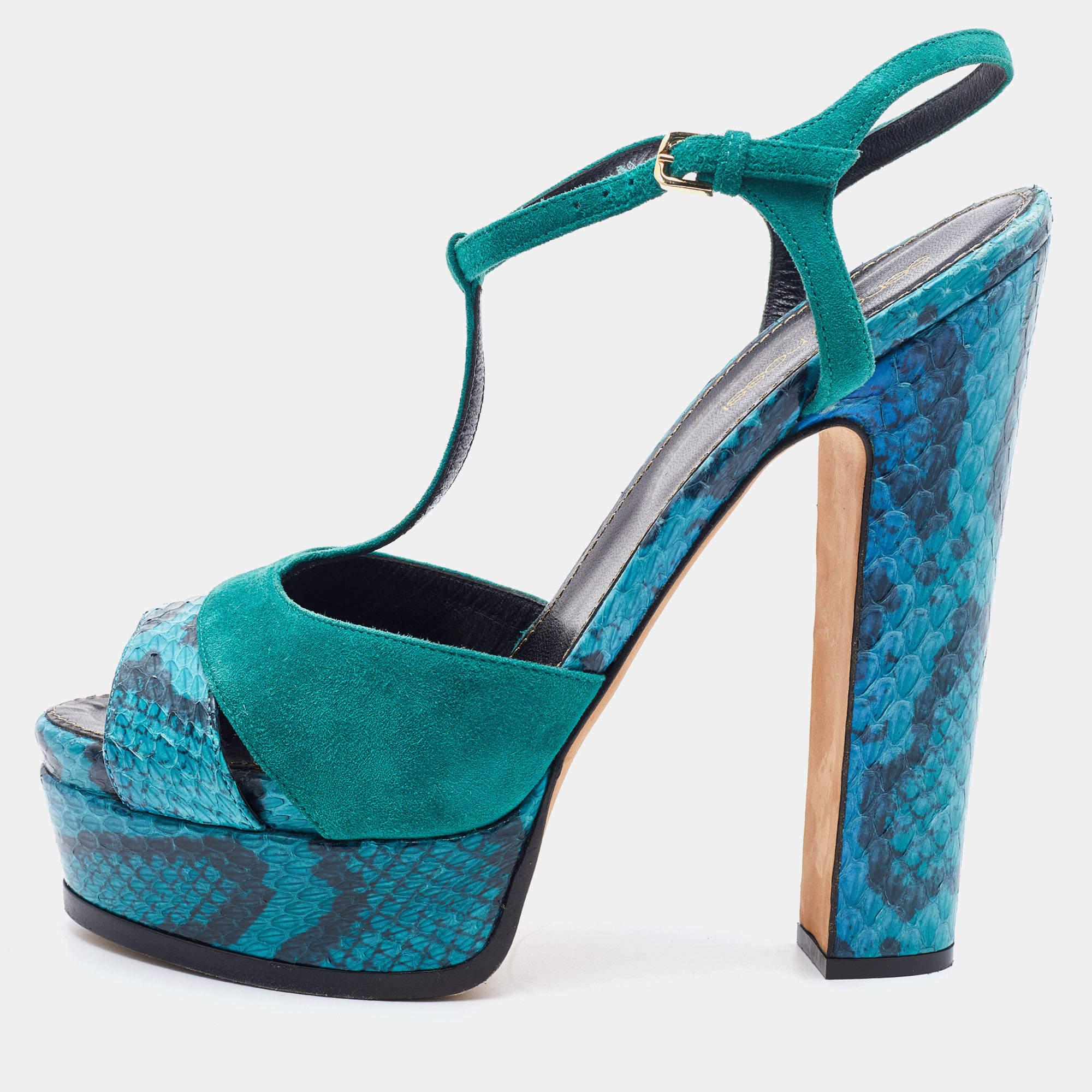 Pre Owned Sergio Rossi Blue/Green Suede and Python Leather Platform T-Strap Sandals Size 38