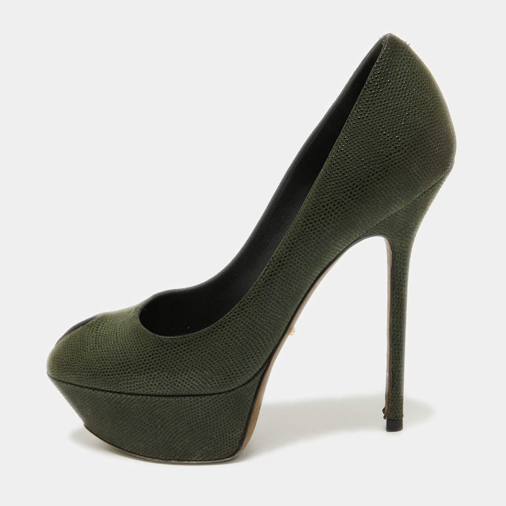 Pre Owned Sergio Rossi Dark Green Textured Suede Peep Toe Platform Pumps Size 35