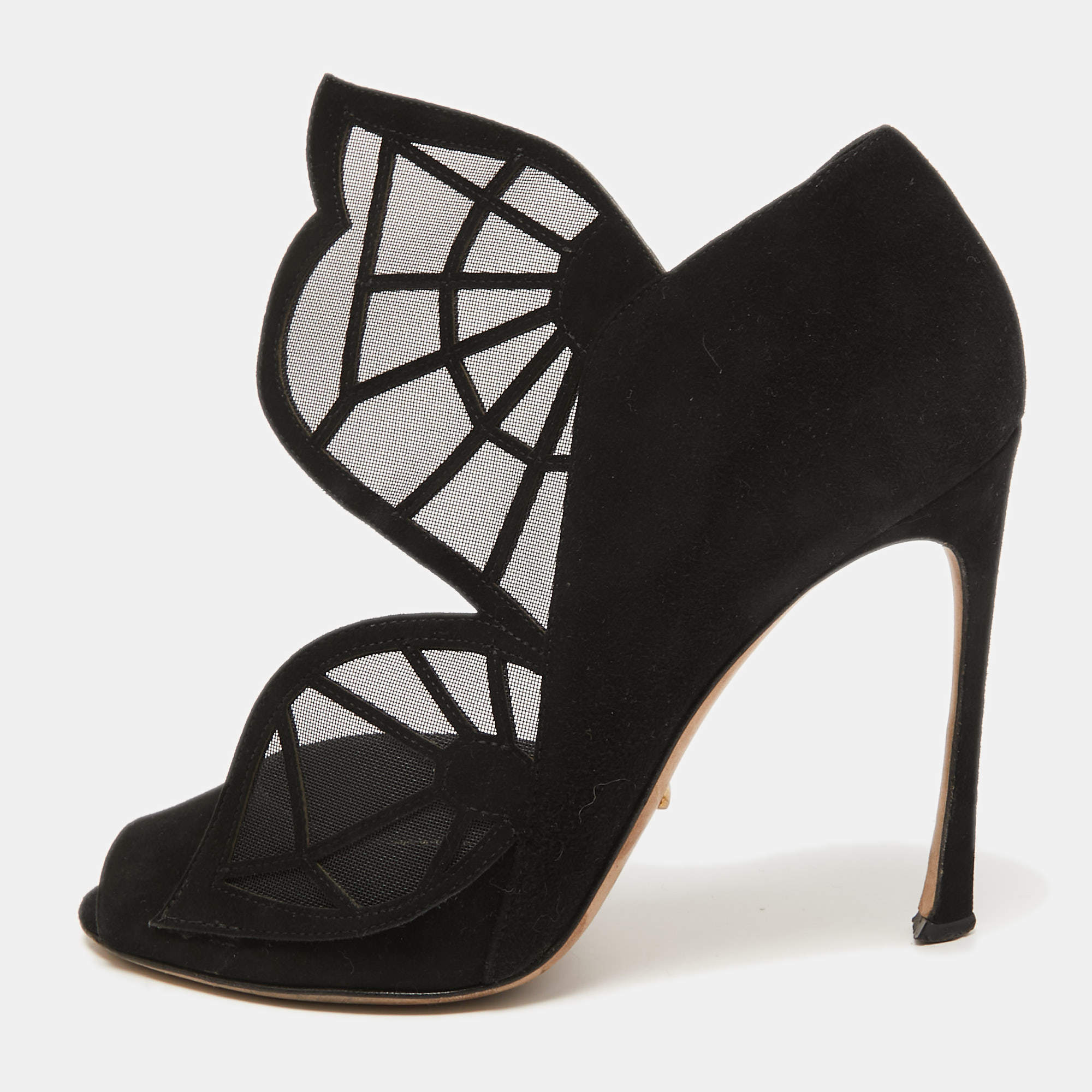 Pre Owned Sergio Rossi Black Suede and Mesh Butterfly Peep Toe Pumps Size 38.5