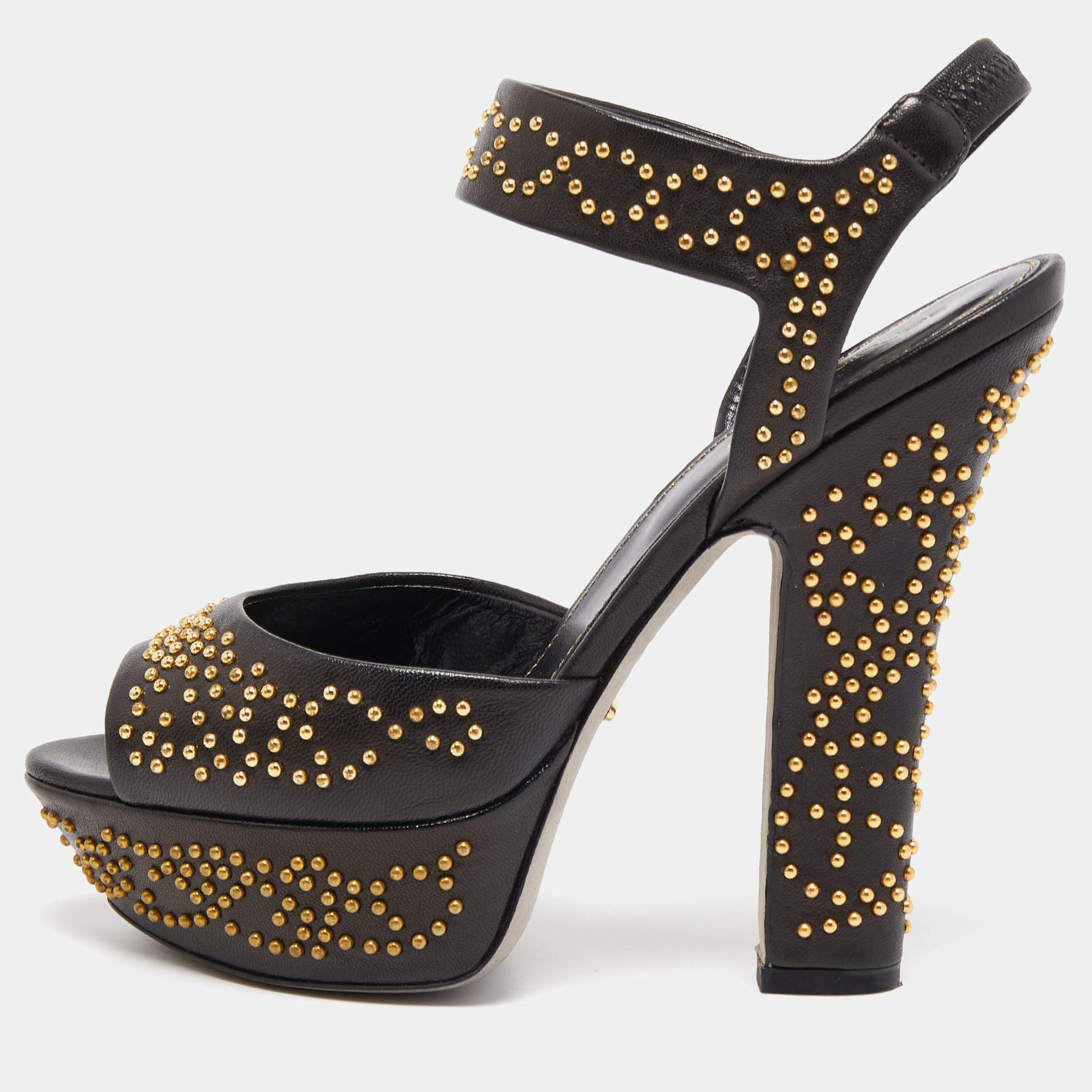 Pre Owned Sergio Rossi Brown Leather Studded Platform Ankle Strap Sandals Size 37