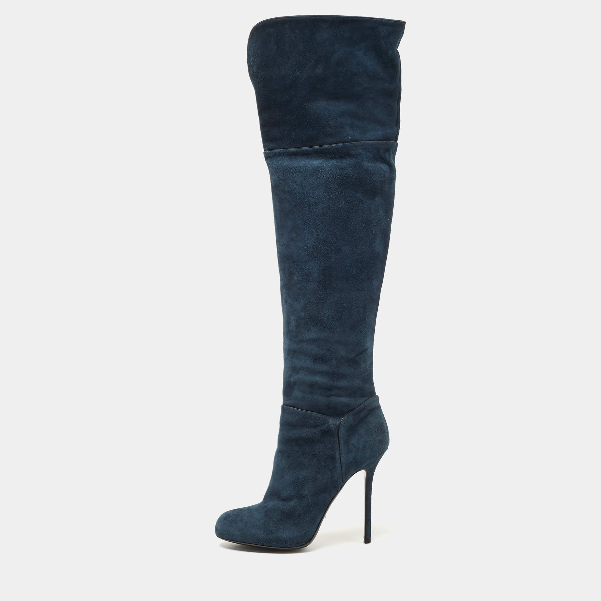 Sergio Rossi Blue Suede Knee Length Boots Size 40.5