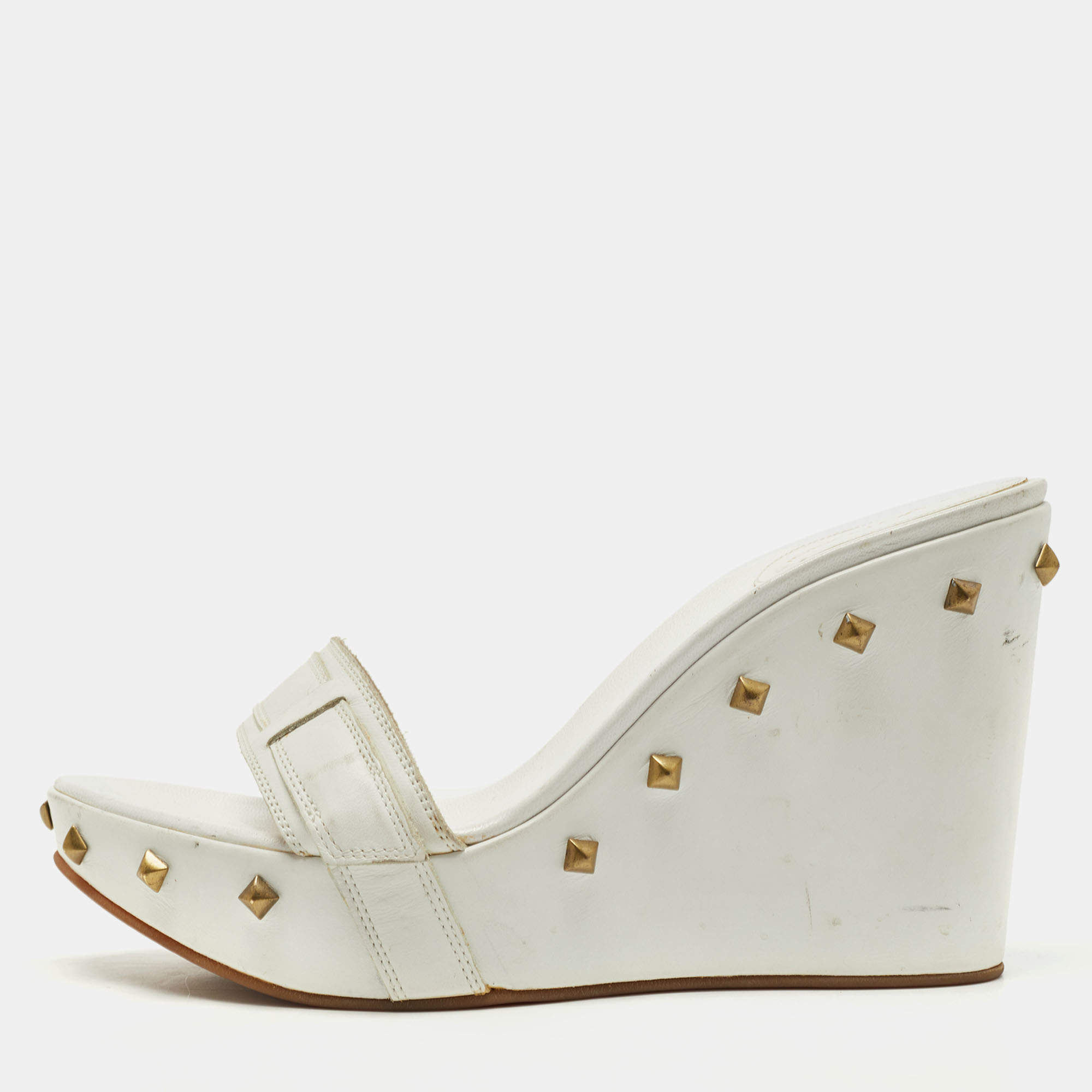 مملوكة مسبقًا Sergio Rossi White Leather Wedge Slide Sandals Size 39