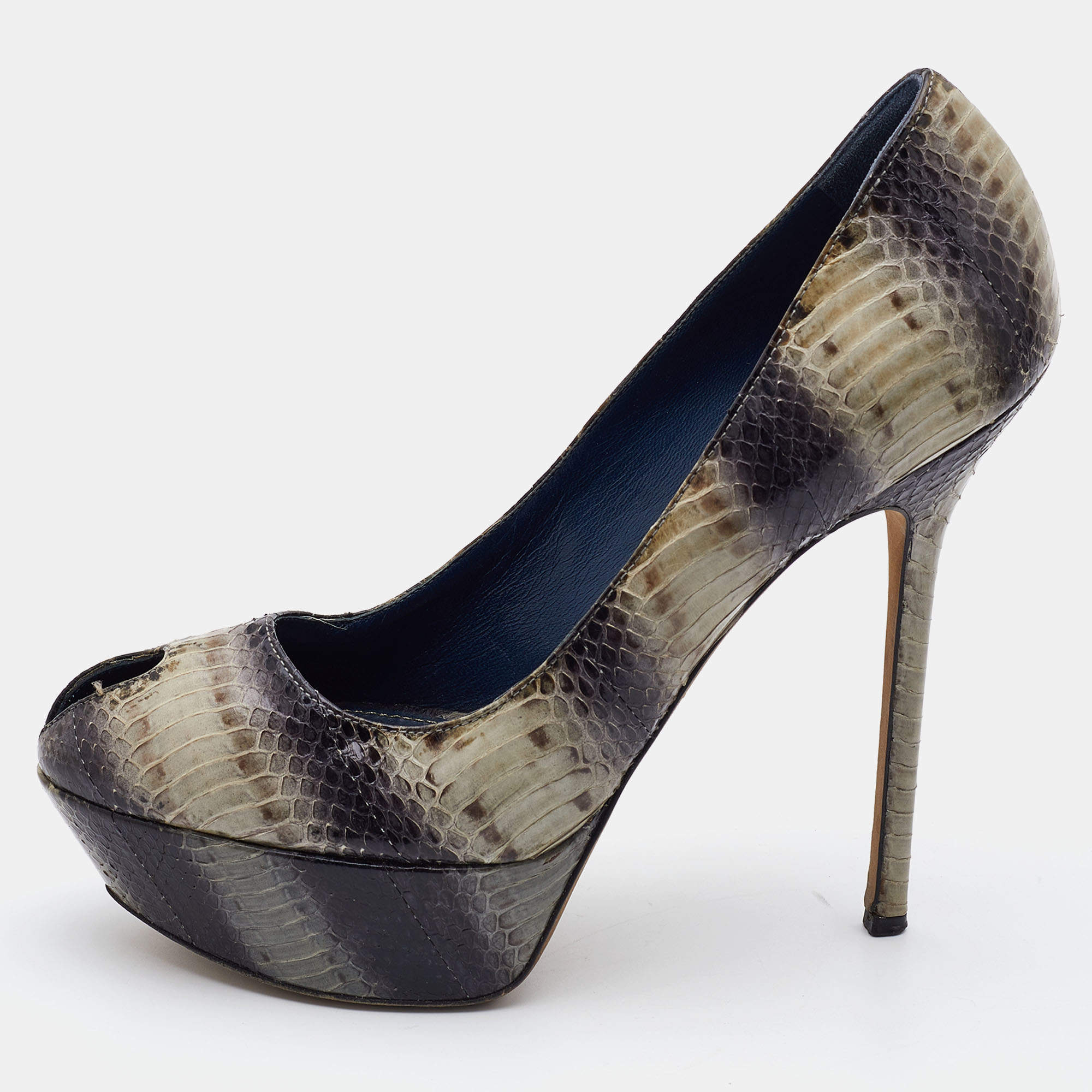 Pre Owned Sergio Rossi Multicolor Watersnake Leather Peep Toe Pumps Size 39