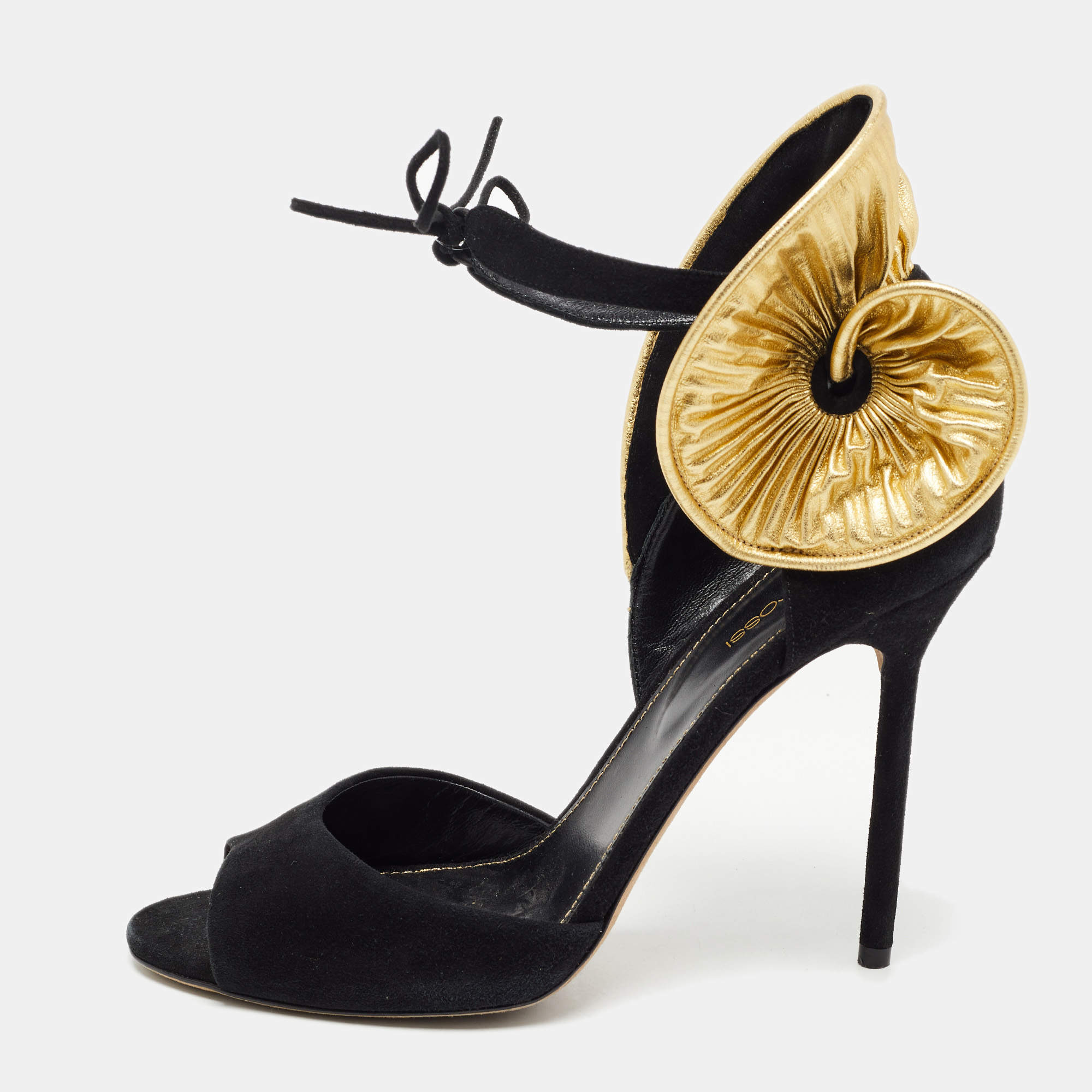 Pre Owned Sergio Rossi Black/Gold Leather And Suede Swirl Open Toe Sandal Size 39