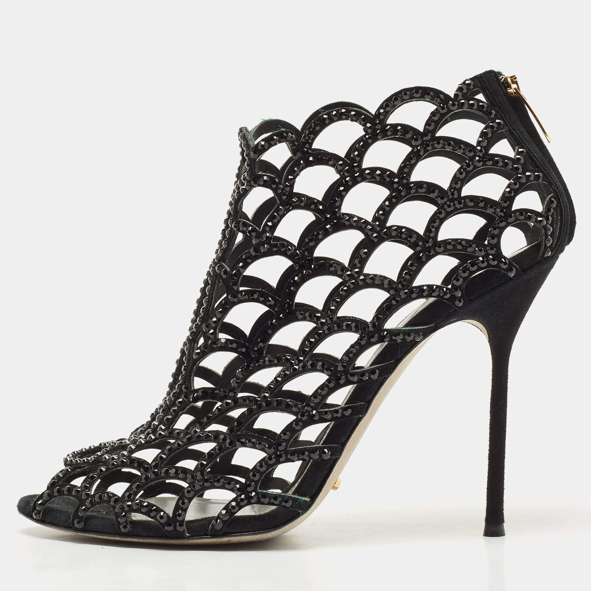 Pre Owned Sergio Rossi Black Suede Cut Out Caged Open Toe Ankle Boots Size 39.5