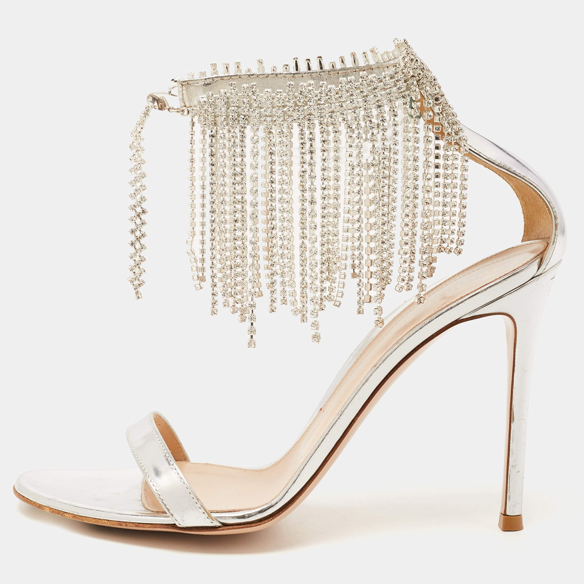 Pre Owned Sergio Rossi Silver Leather Crystal Embellished Ankle Strap Sandals Size 39