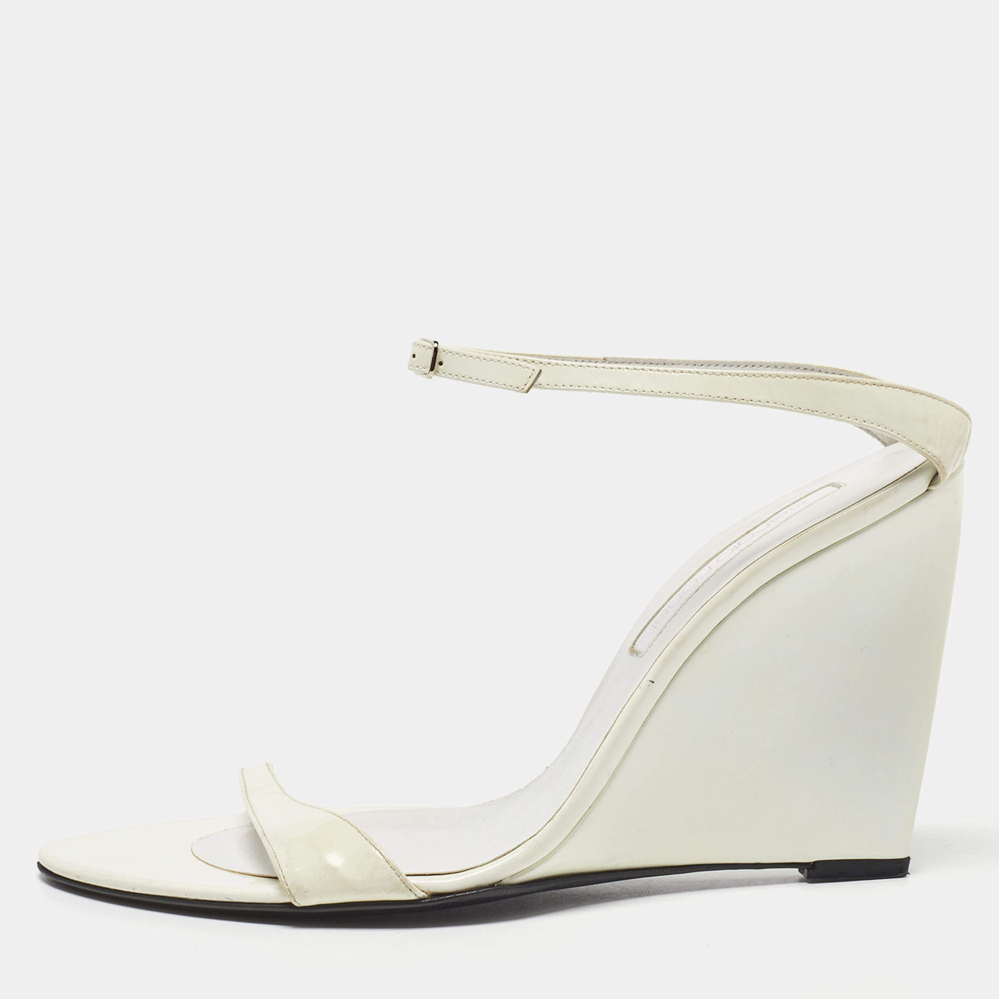 Sergio Rossi White Patent Leather Wedge Sandals Size 39.5