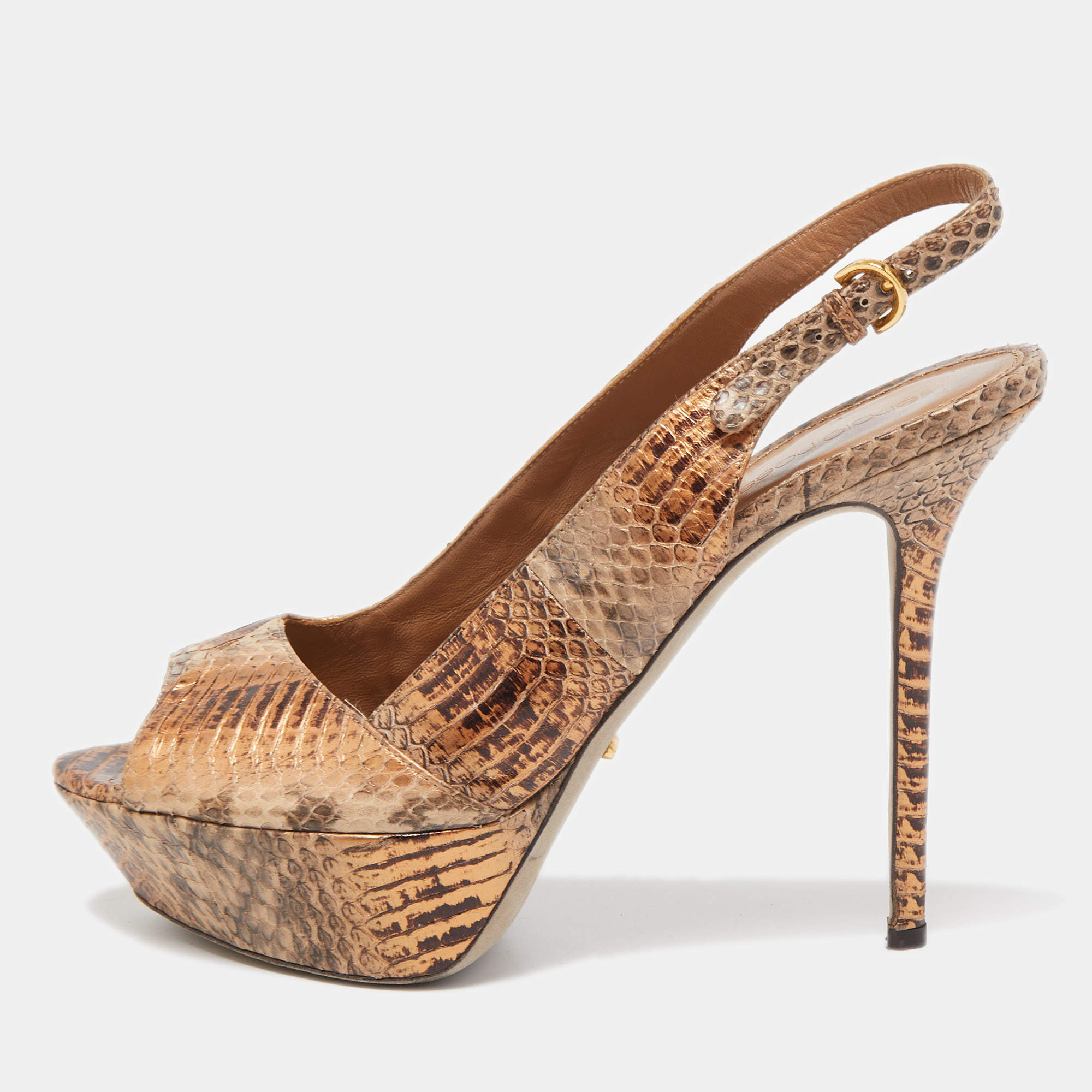 Pre Owned Sergio Rossi Tow Tone Watersnake Peep Toe Platform Slingback Pumps Size 40