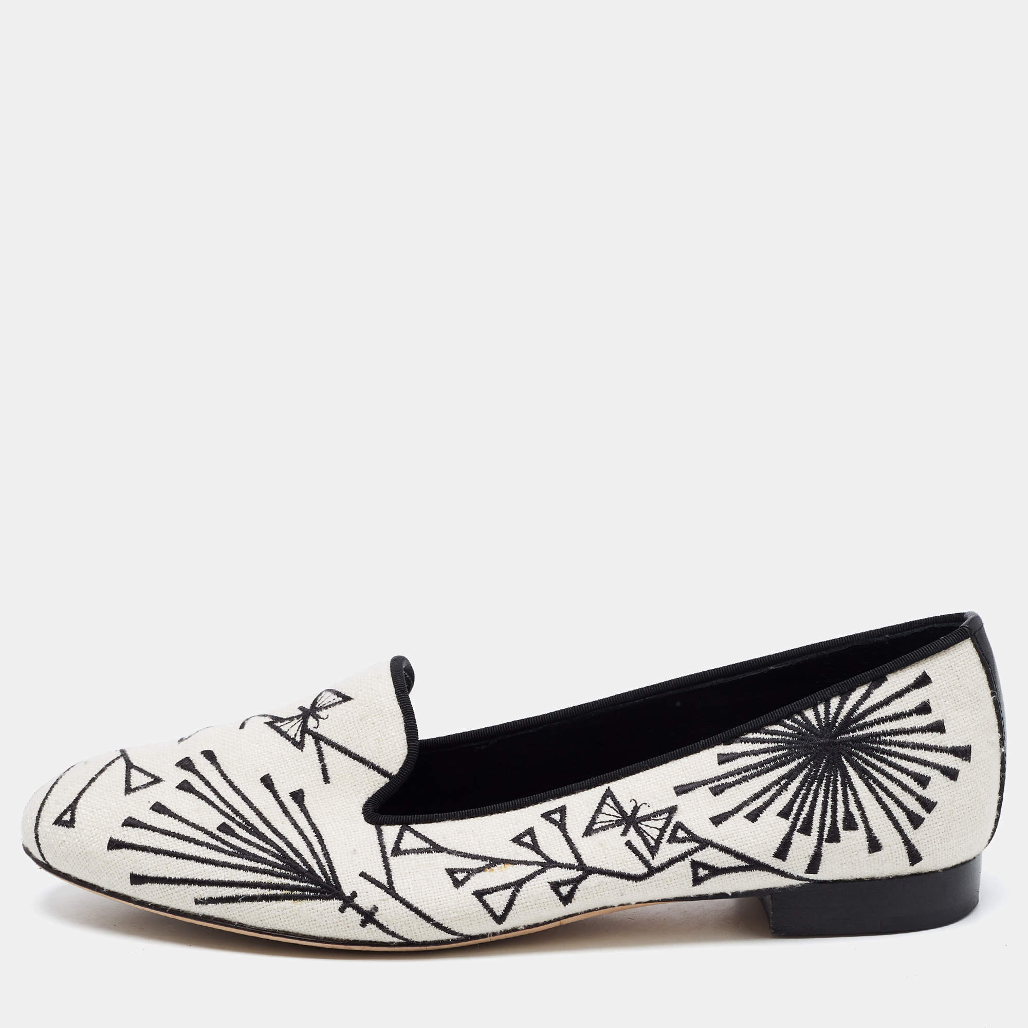 Pre Owned Sergio Rossi White/Black Canvas Embroidered Smoking Slippers Size 39.5