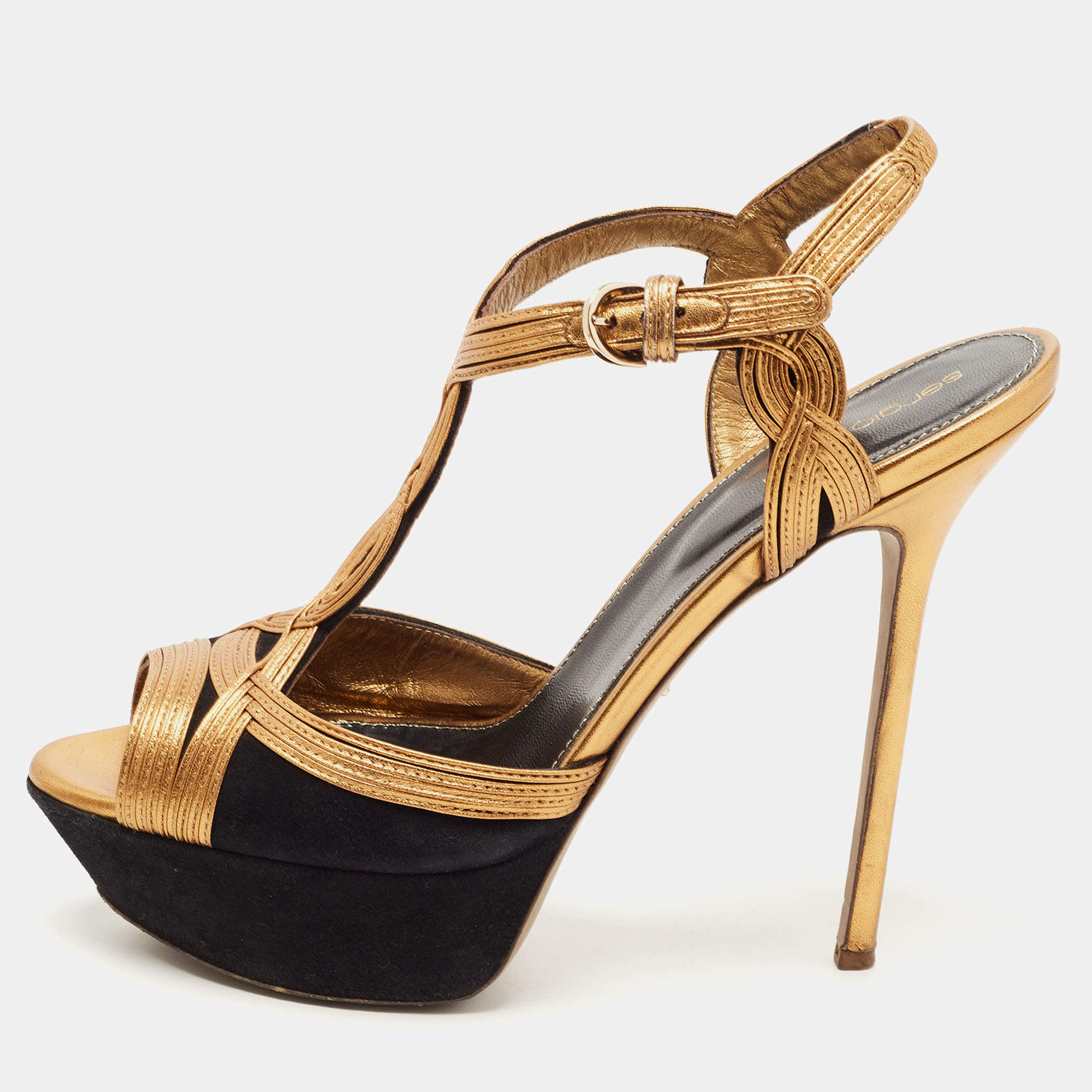Pre Owned Sergio Rossi Gold/Black Suede and Leather Platform Ankle Strap Sandals Size 41